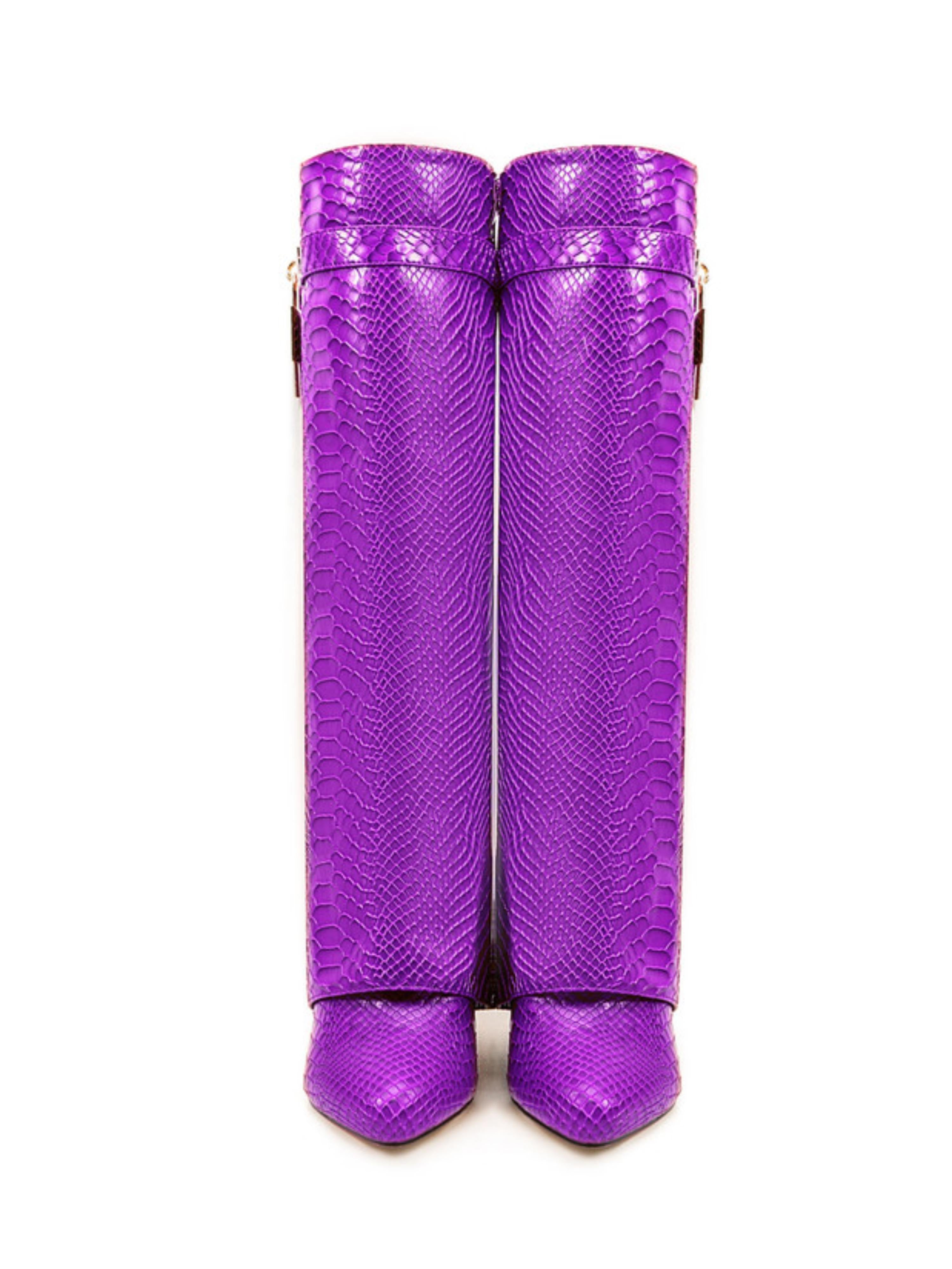 Vibrant Purple Embossed Fold Over Knee-High Wedge Boots