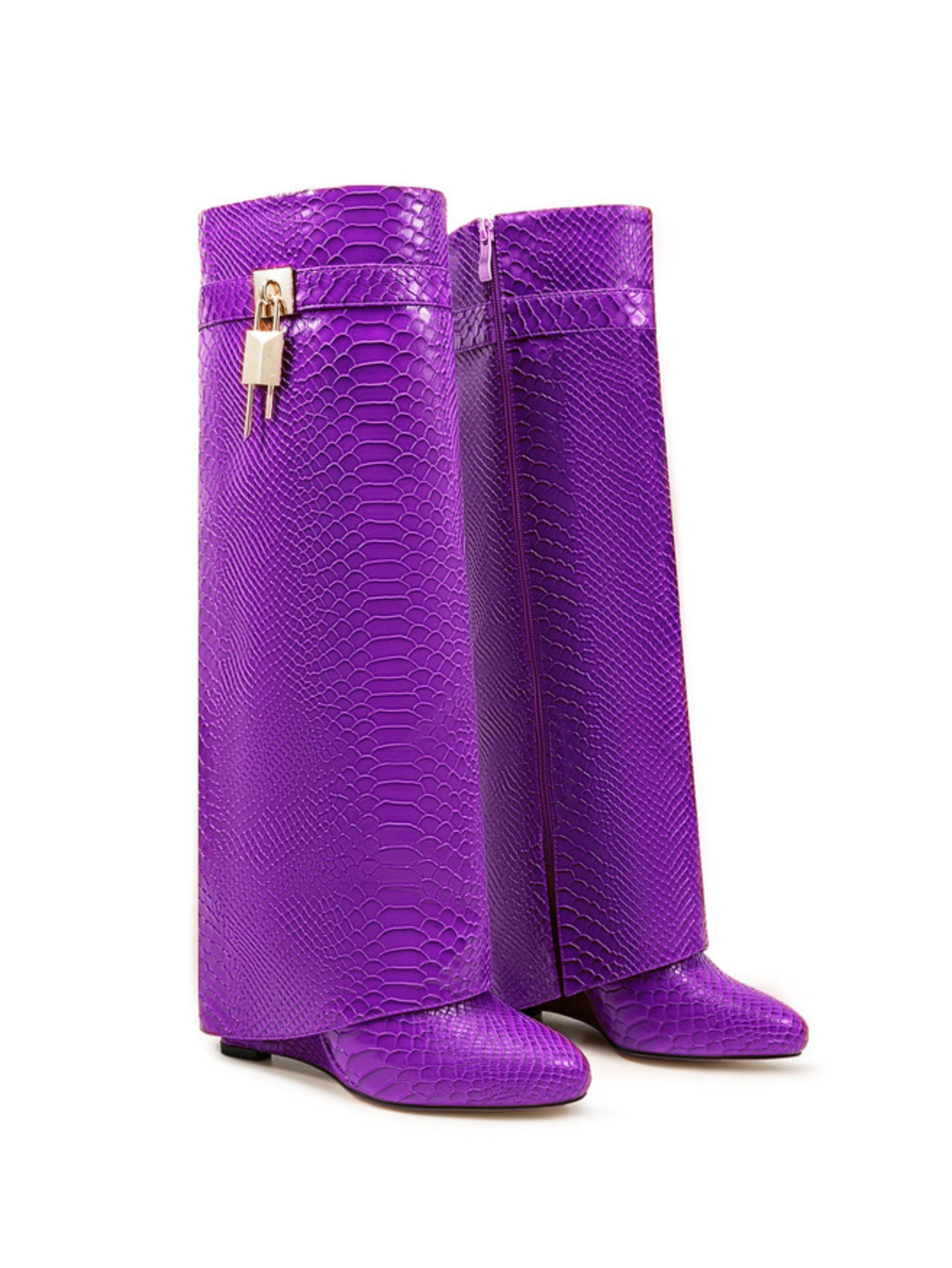 Vibrant Purple Embossed Fold Over Knee-High Wedge Boots