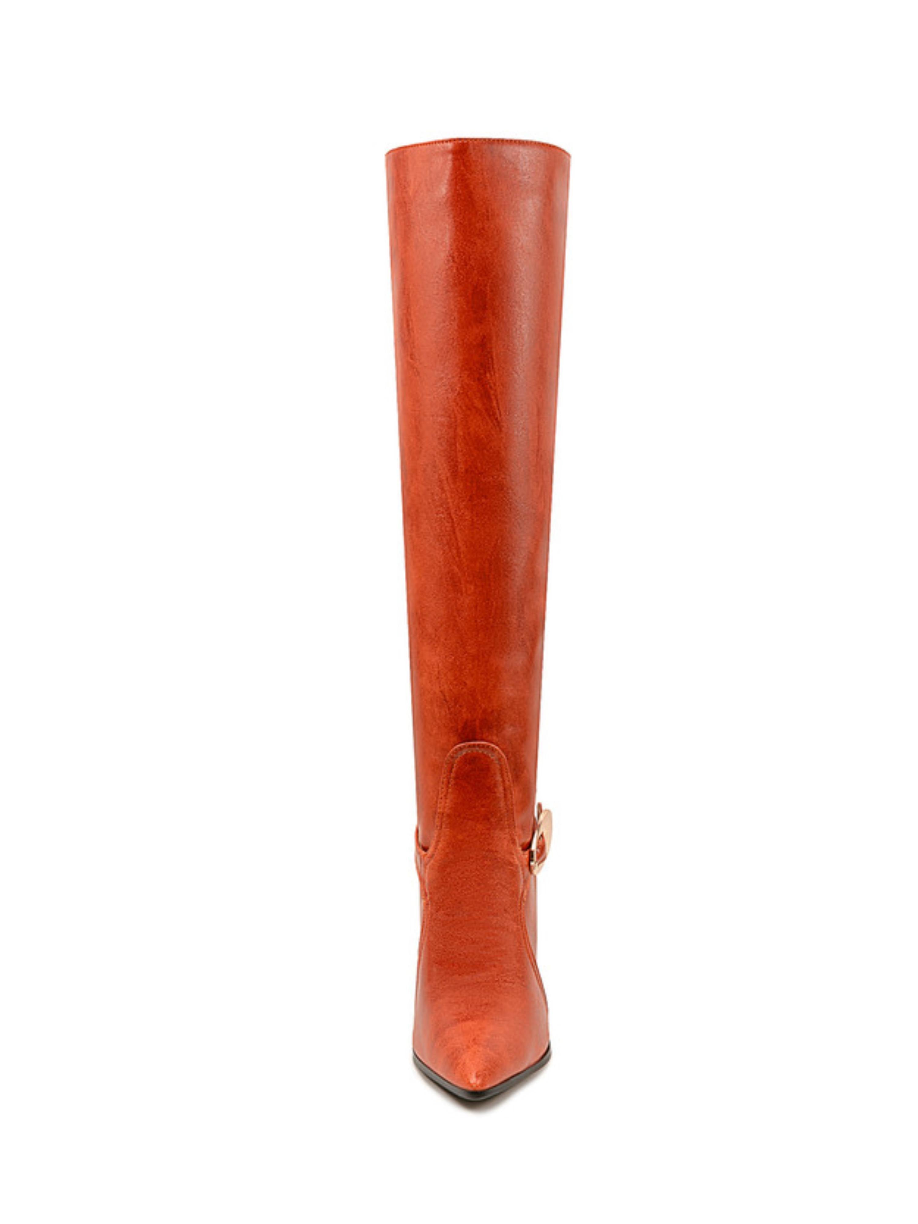 Orange High-Heel Buckled Strap Over-the-Knee Boots