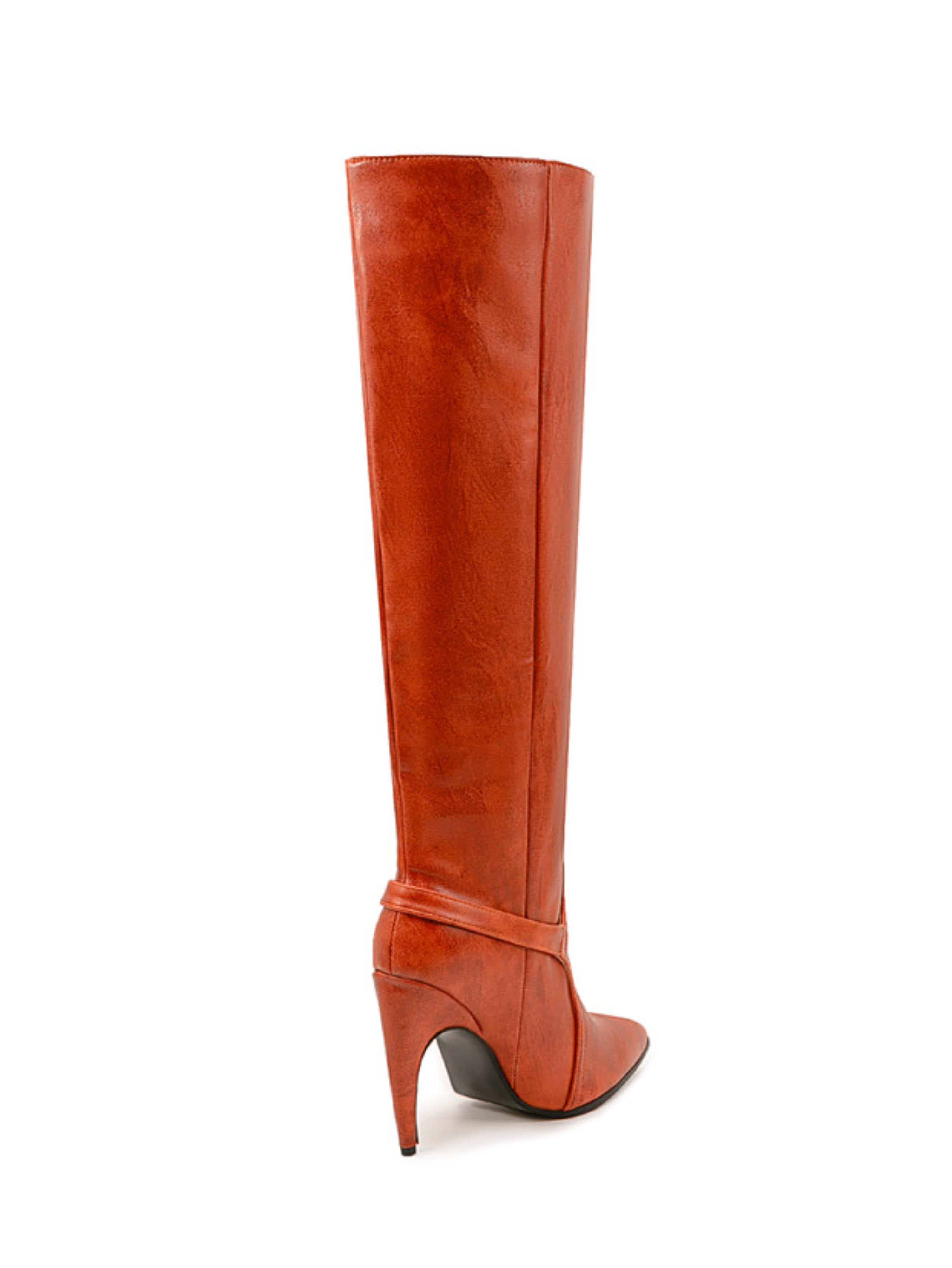 Orange High-Heel Buckled Strap Over-the-Knee Boots