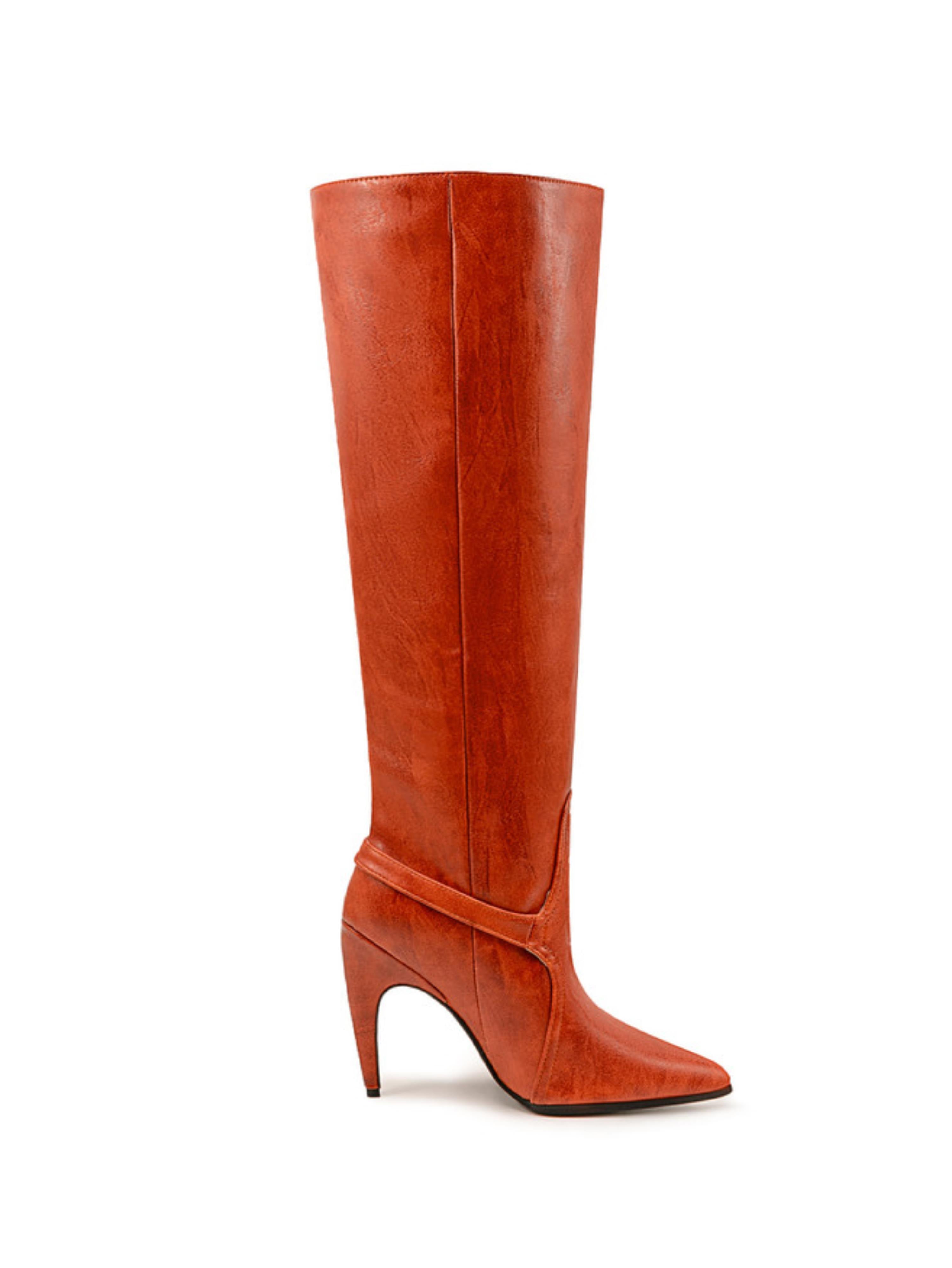 Orange High-Heel Buckled Strap Over-the-Knee Boots