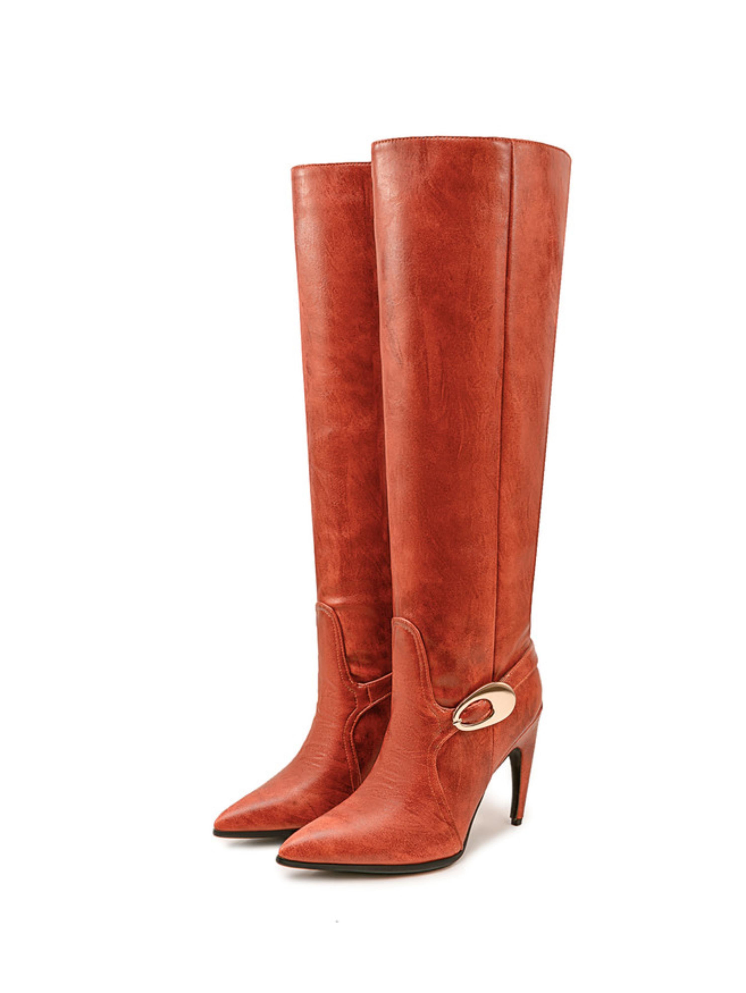 Orange High-Heel Buckled Strap Over-the-Knee Boots