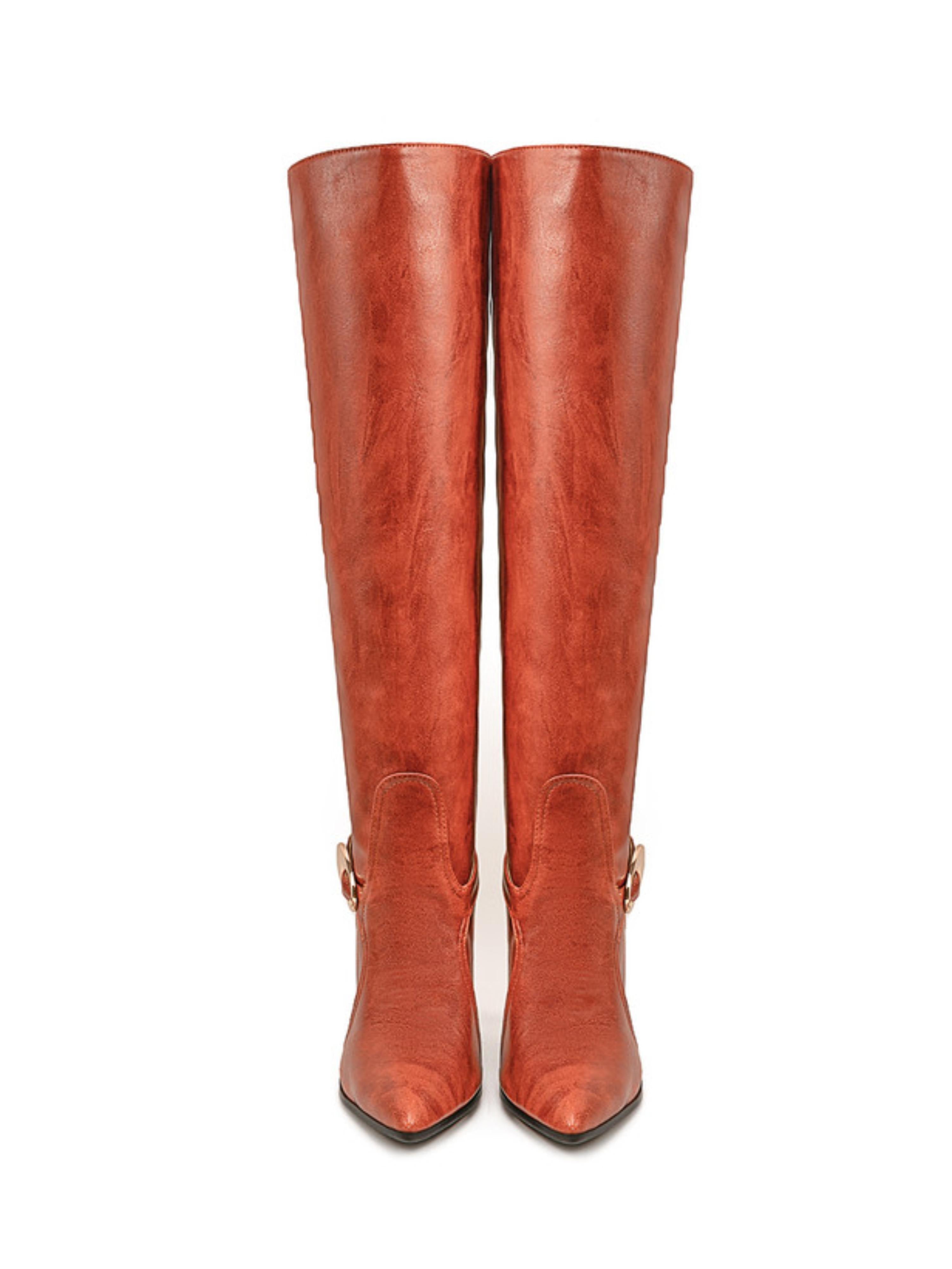 Orange High-Heel Buckled Strap Over-the-Knee Boots