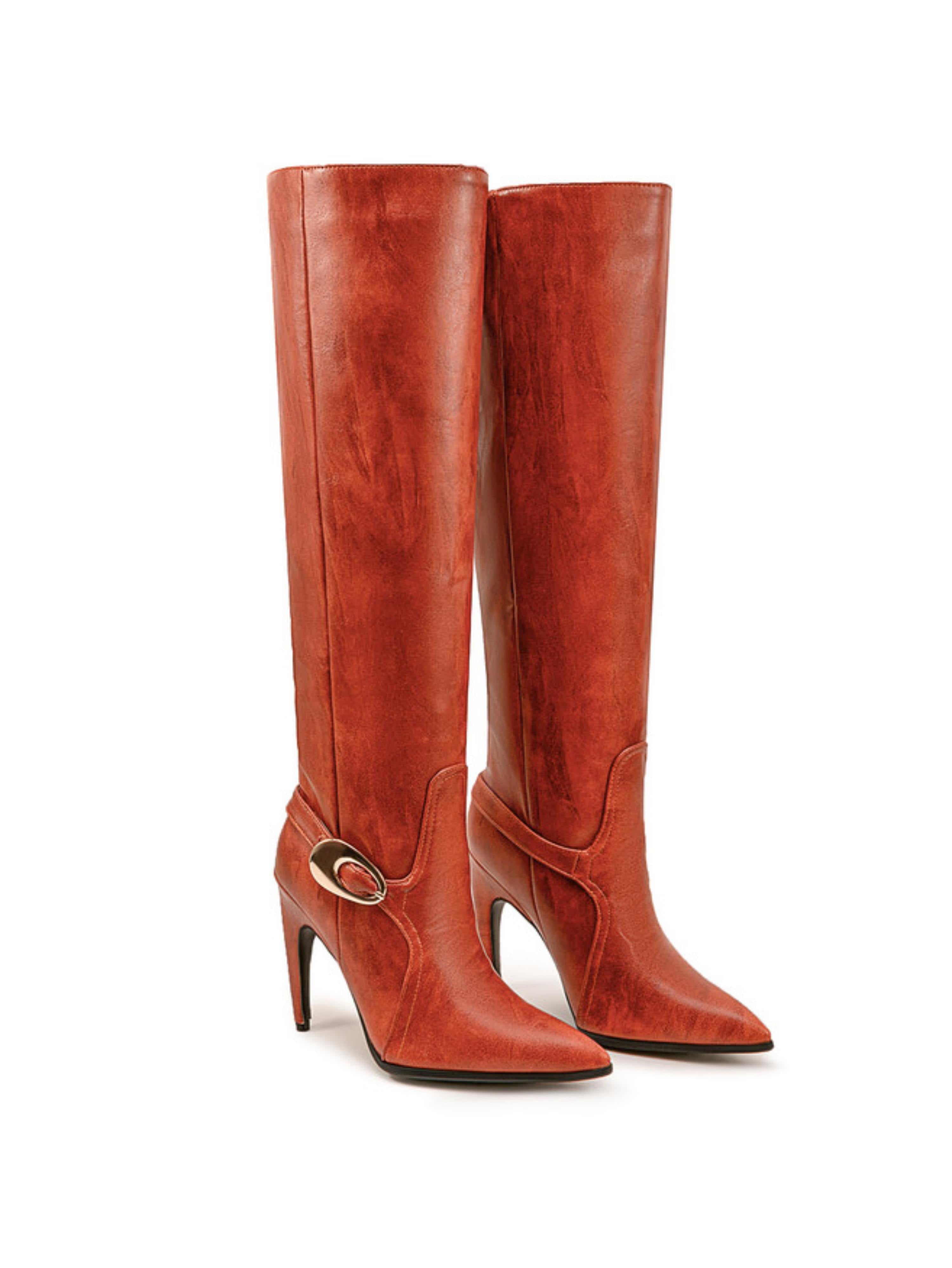 Orange High-Heel Buckled Strap Over-the-Knee Boots
