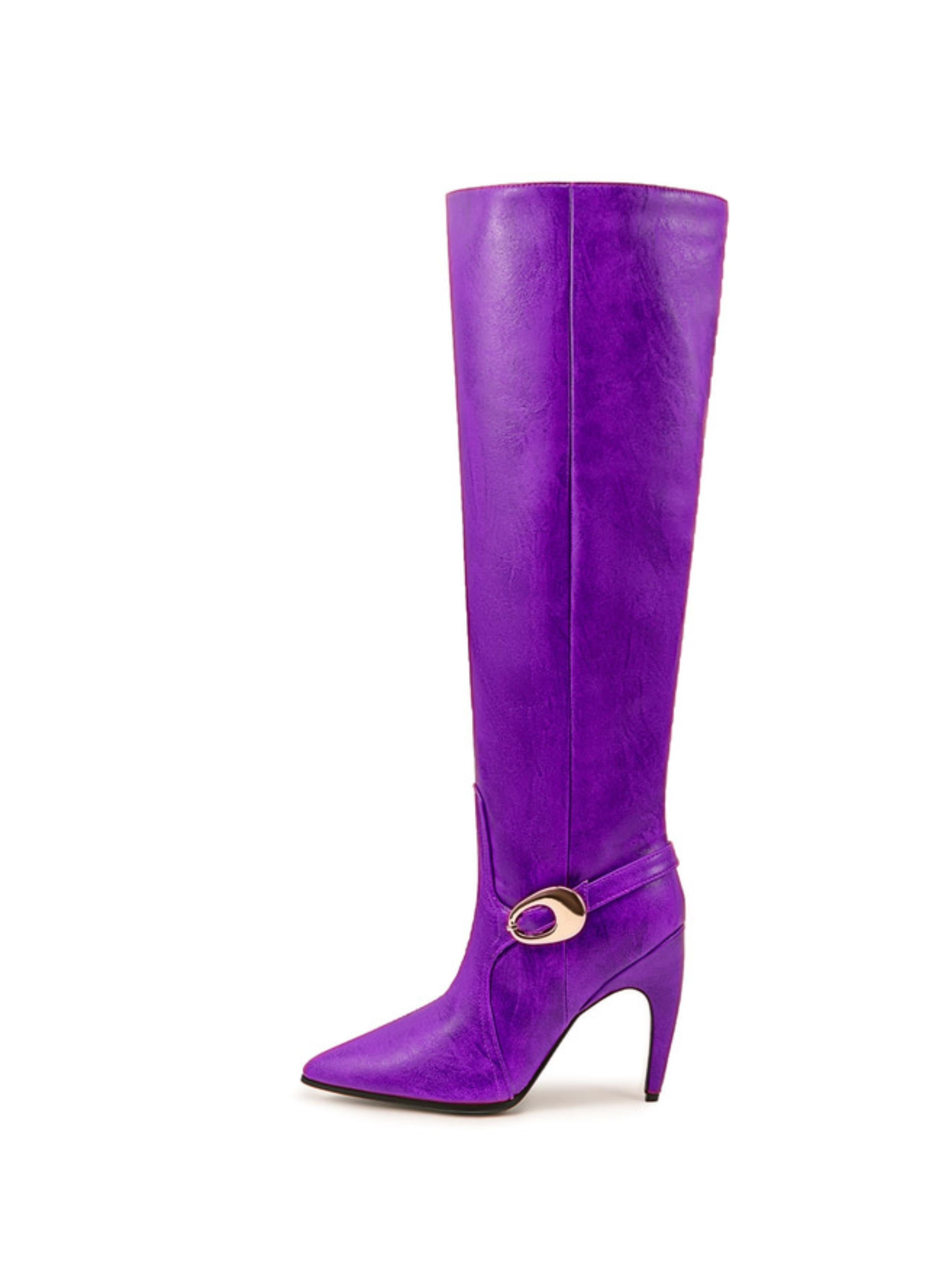 Purple Pointed Toe Women’s Buckled Over-the-Knee Boots