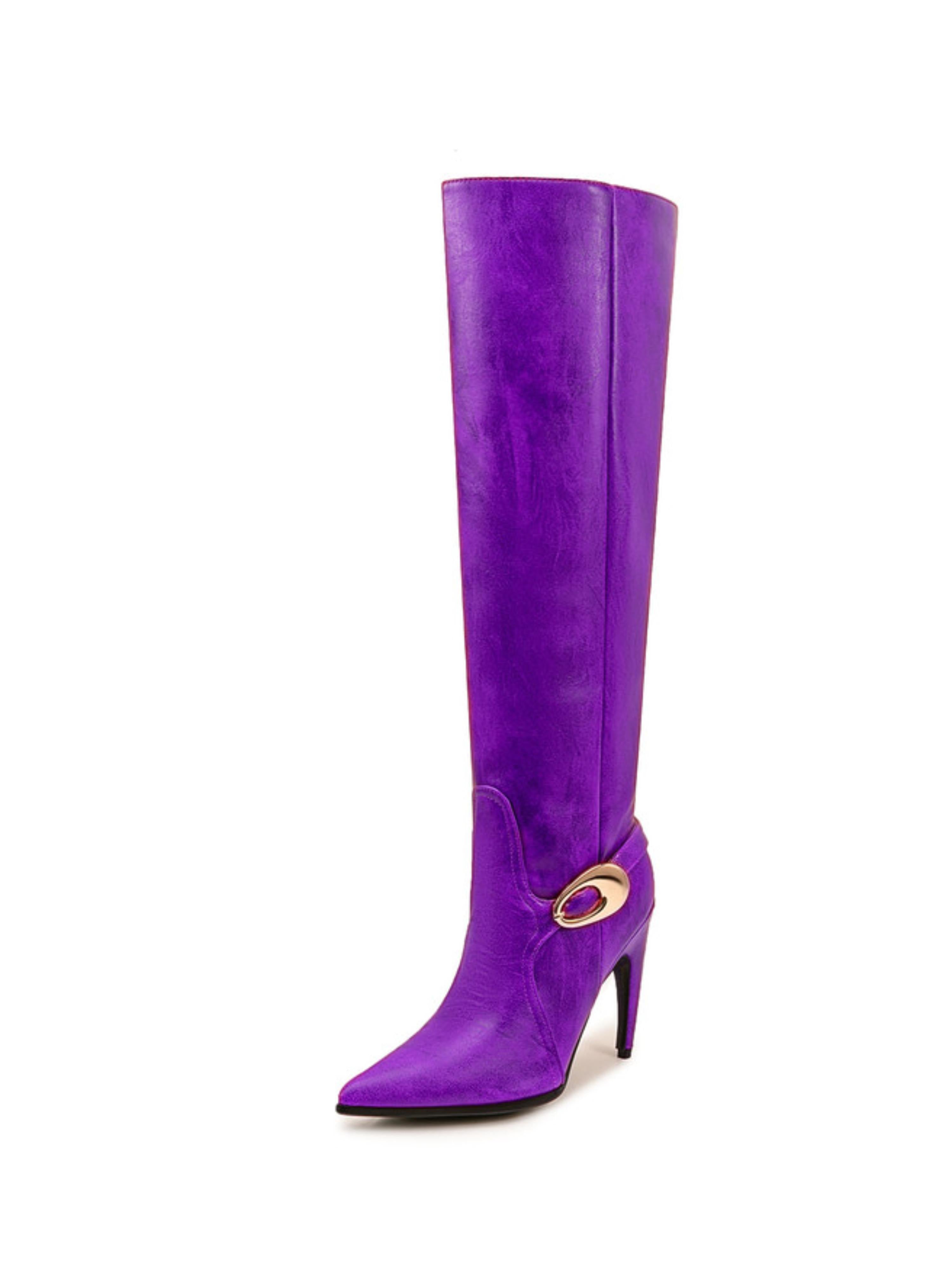 Purple Pointed Toe Women’s Buckled Over-the-Knee Boots