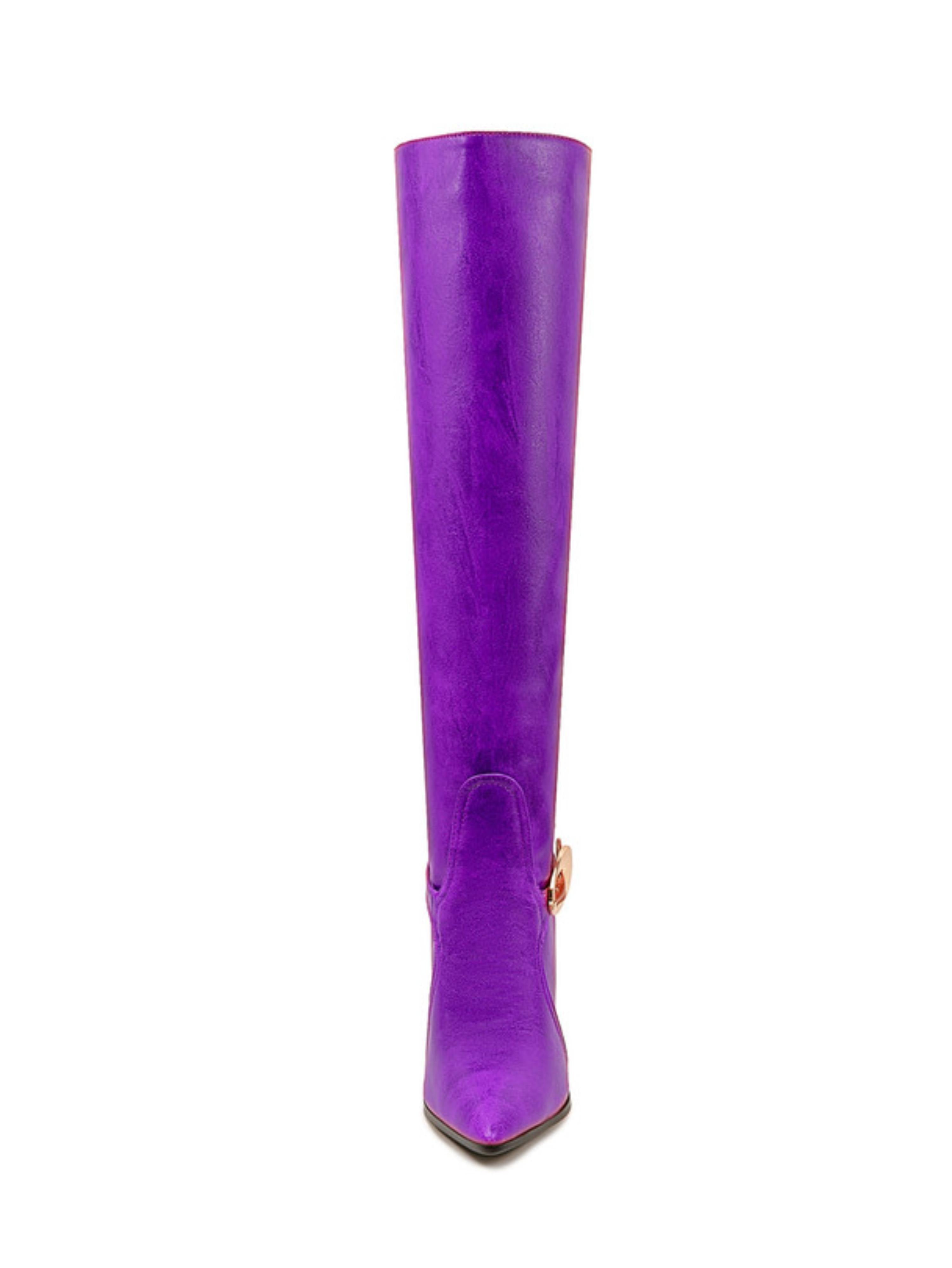 Purple Pointed Toe Women’s Buckled Over-the-Knee Boots