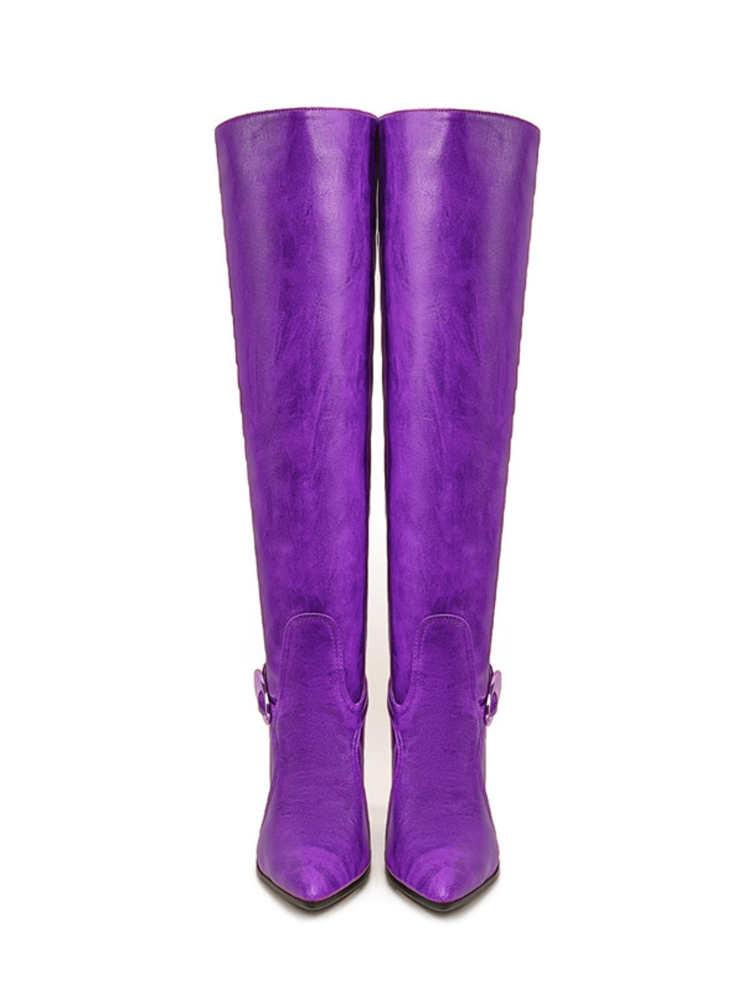 Purple Pointed Toe Women’s Buckled Over-the-Knee Boots
