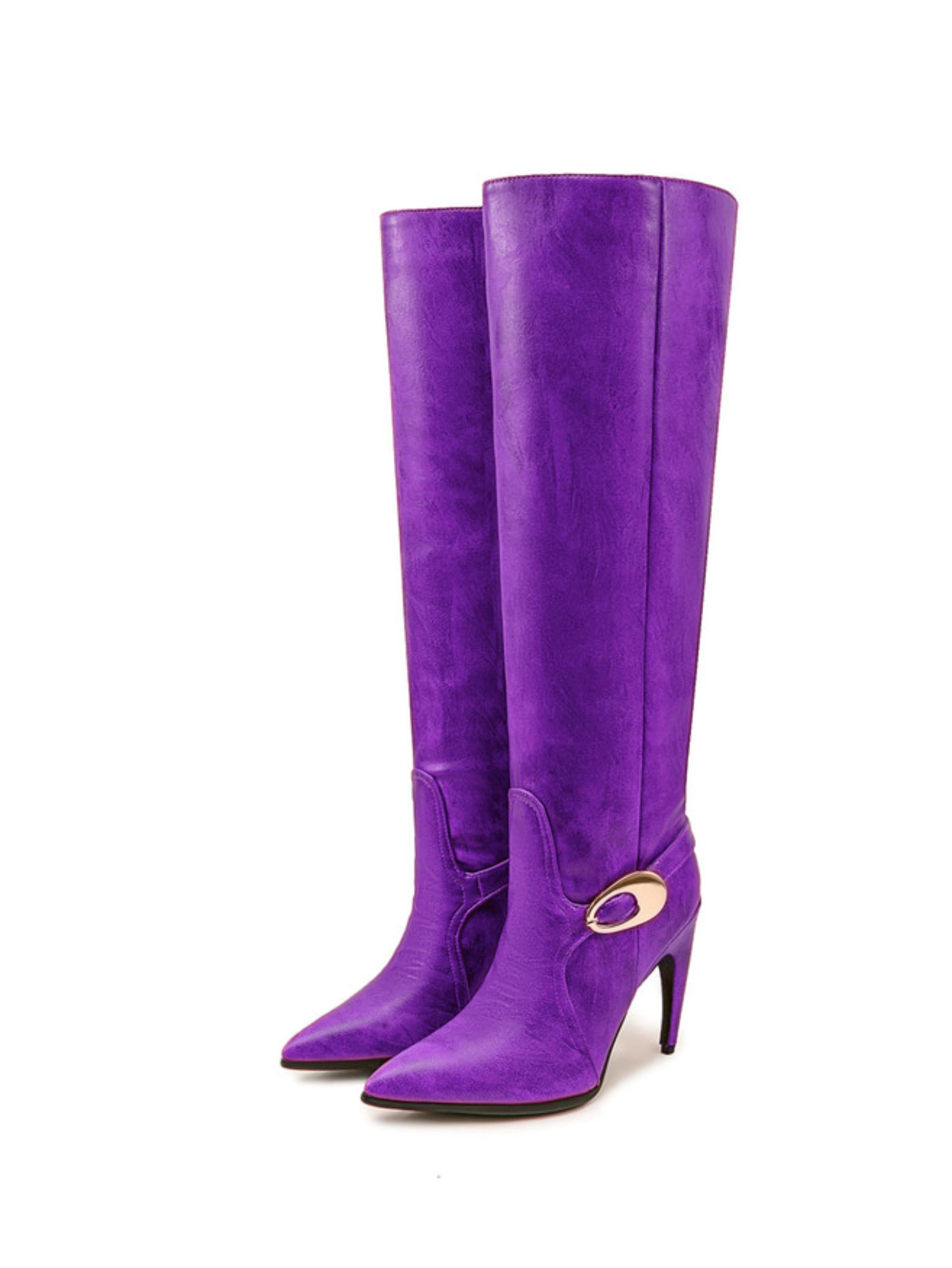 Purple Pointed Toe Women’s Buckled Over-the-Knee Boots