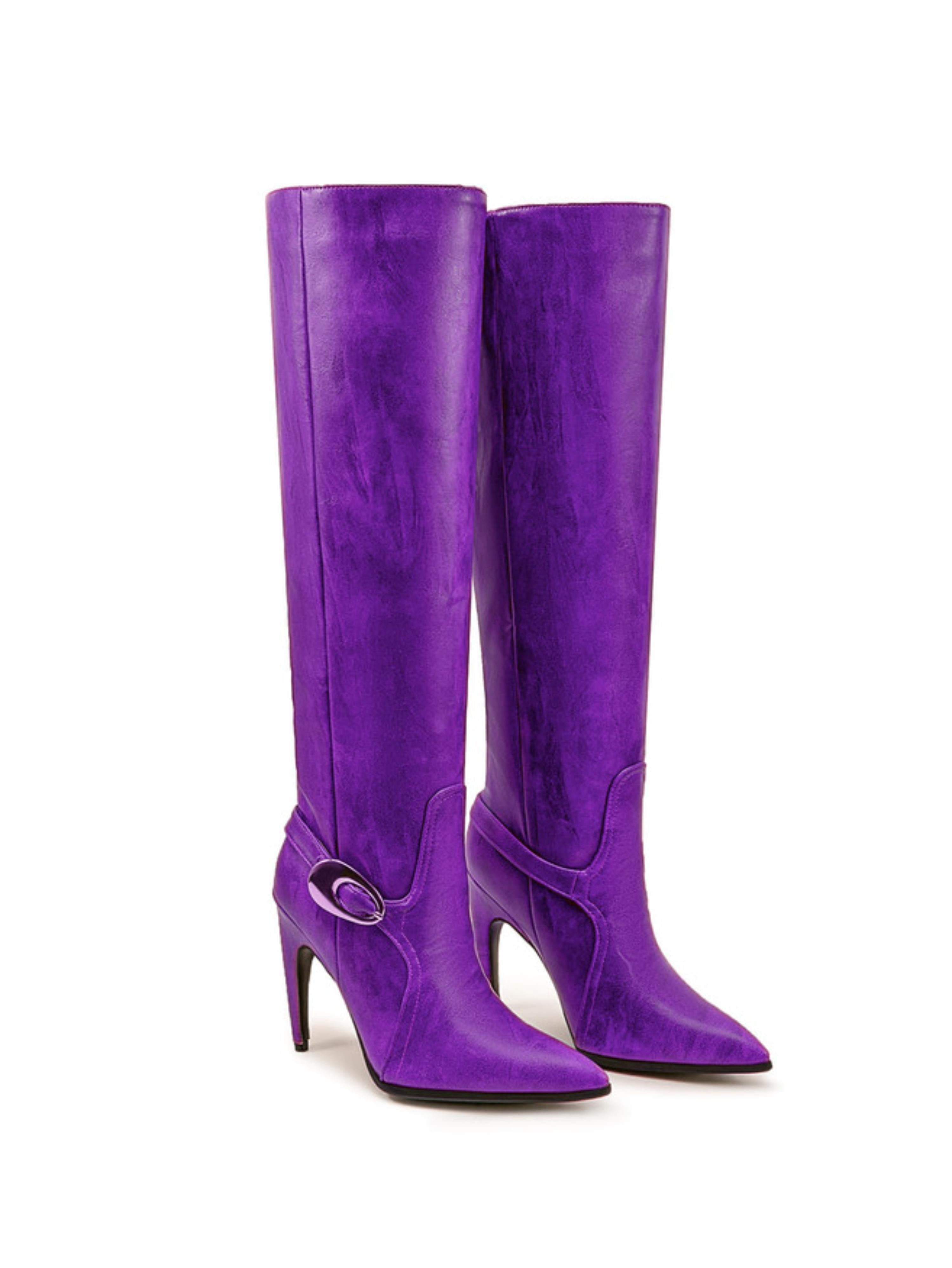 Purple Pointed Toe Women’s Buckled Over-the-Knee Boots