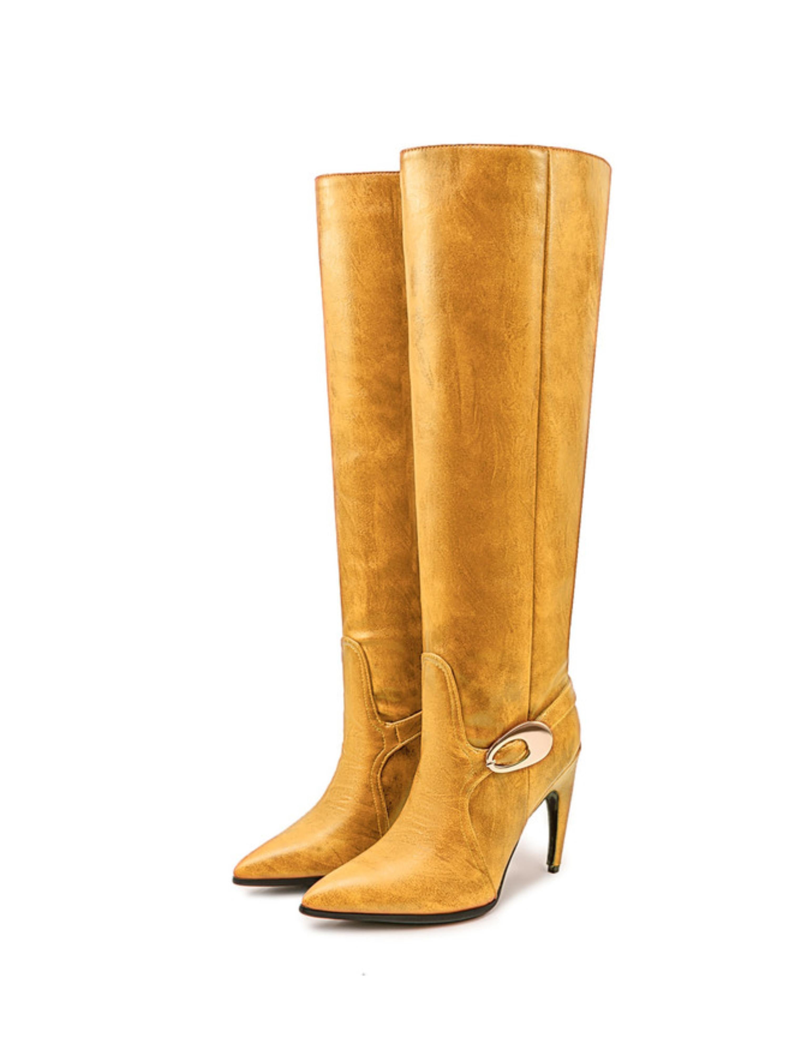 Golden Sun Kissed Yellow High-Heel Over-the-Knee Boots