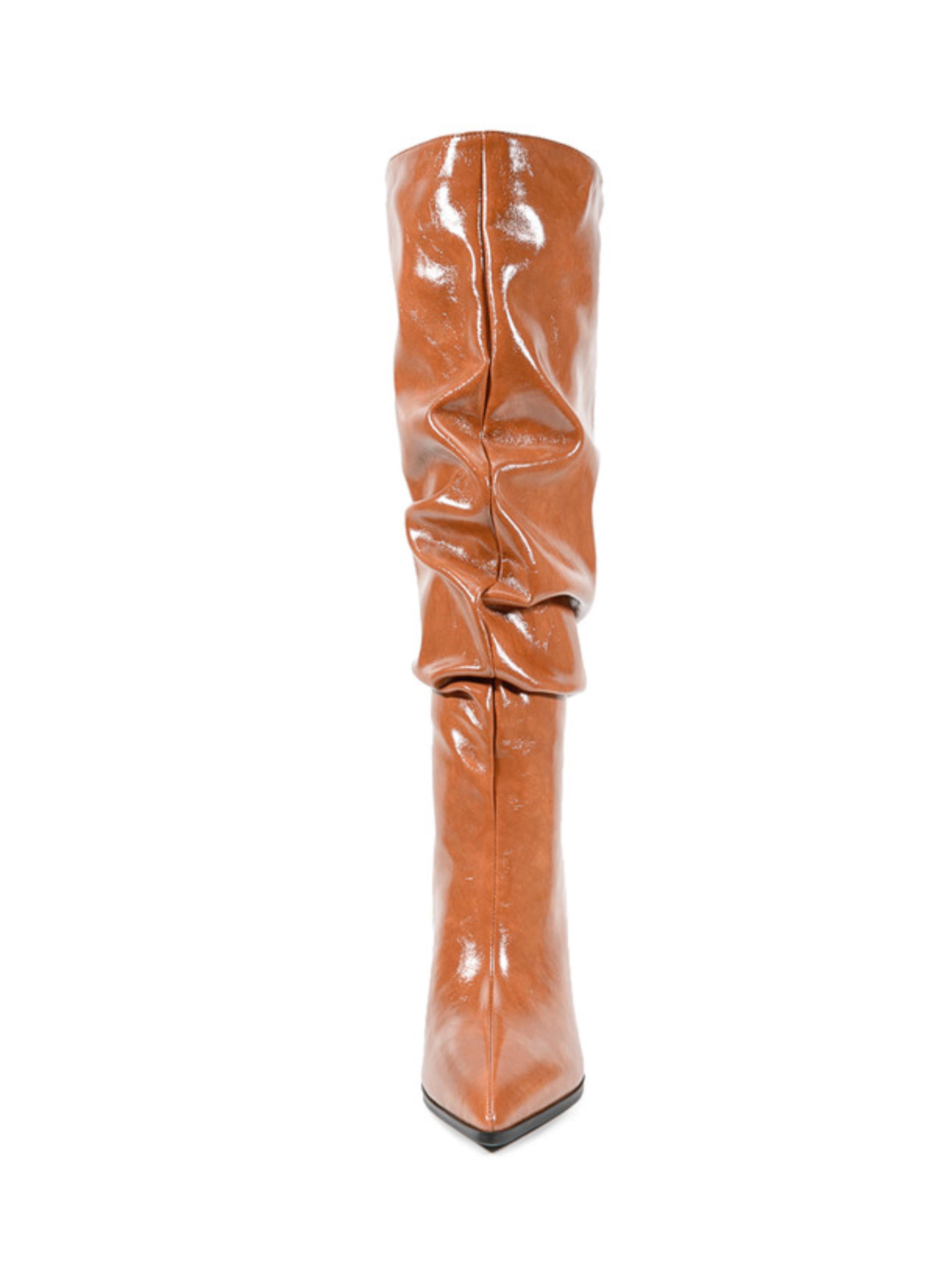 Glossy Bronze Pointed Toe Slouchy Knee-High Heeled Boots