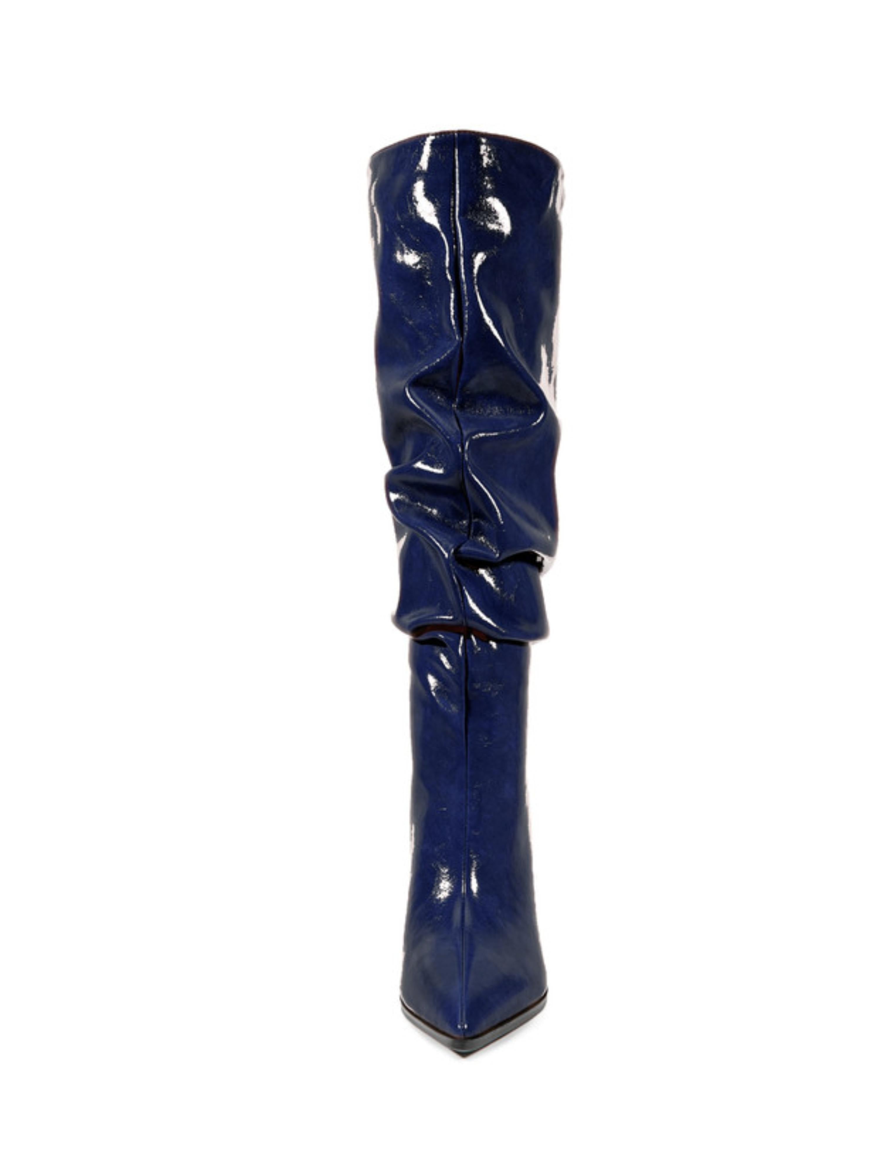 Glossy Navy Blue Slouchy High-Heel Knee-High Boots