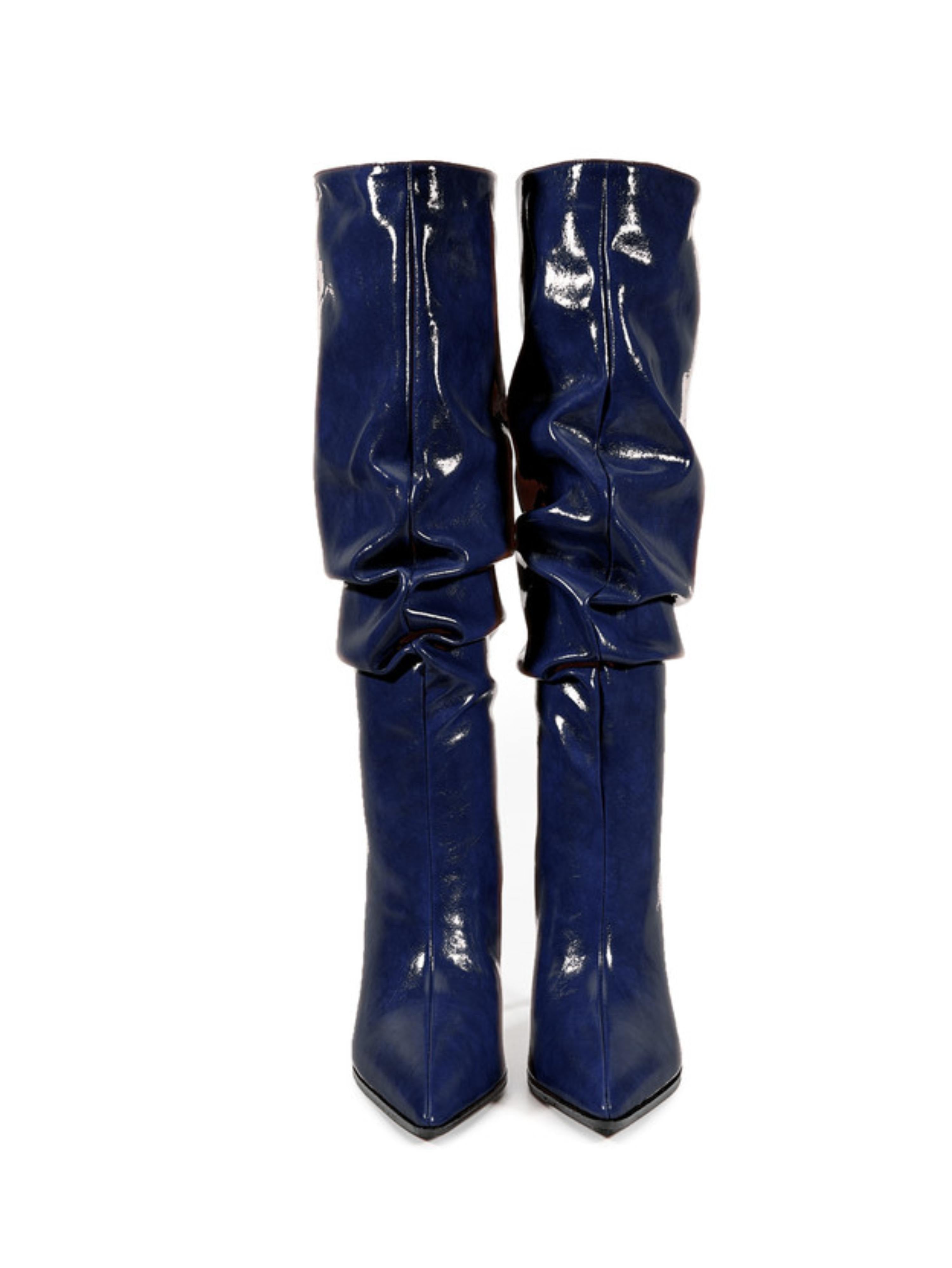 Glossy Navy Blue Slouchy High-Heel Knee-High Boots