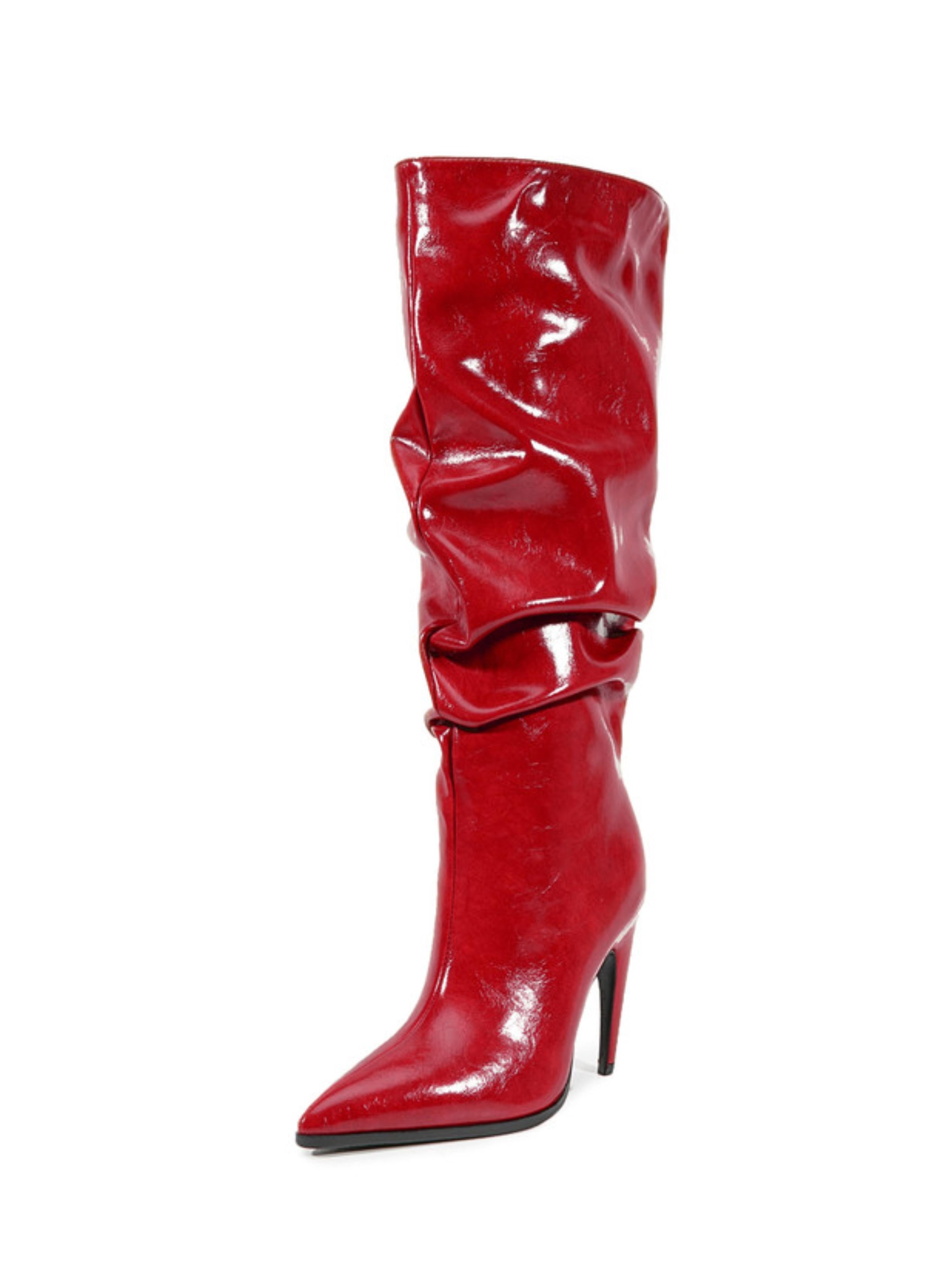 Glossy Red Slouchy High-Heel Knee-High Boots for Women