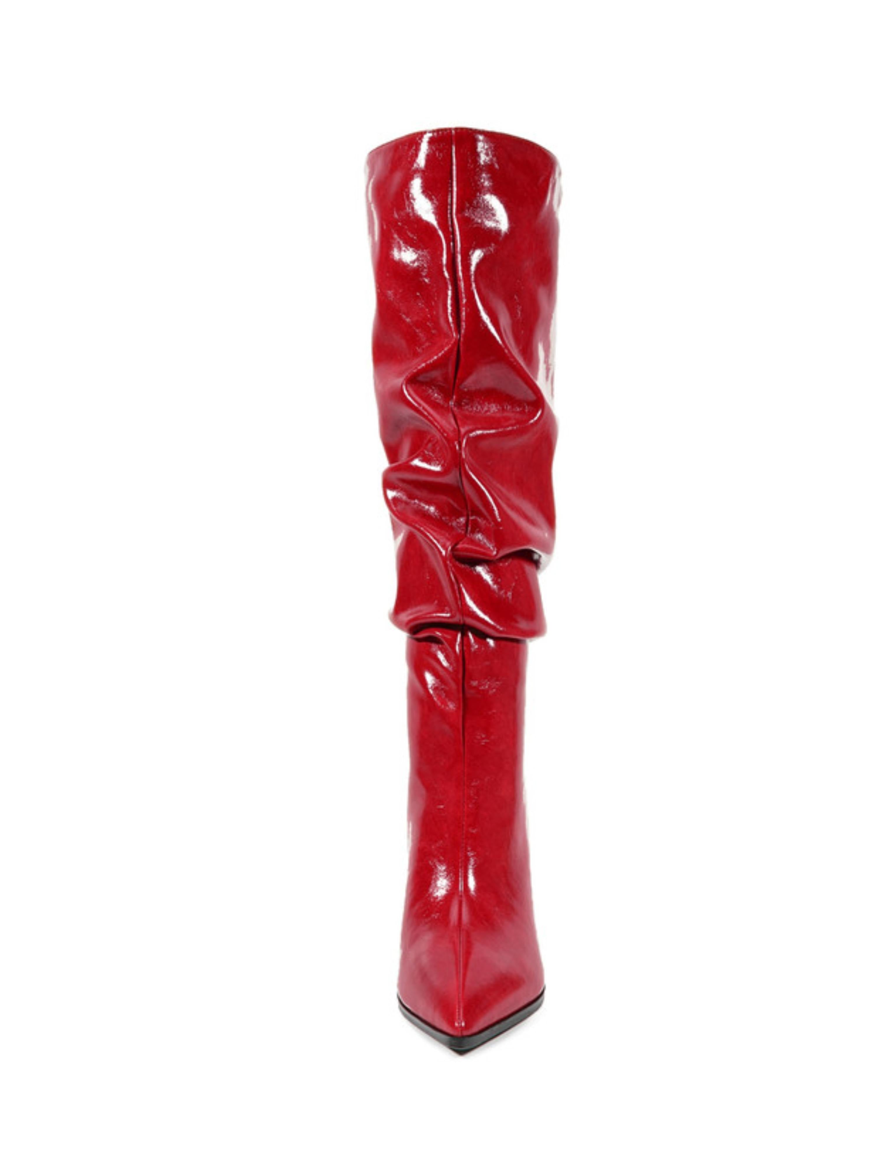 Glossy Red Slouchy High-Heel Knee-High Boots for Women