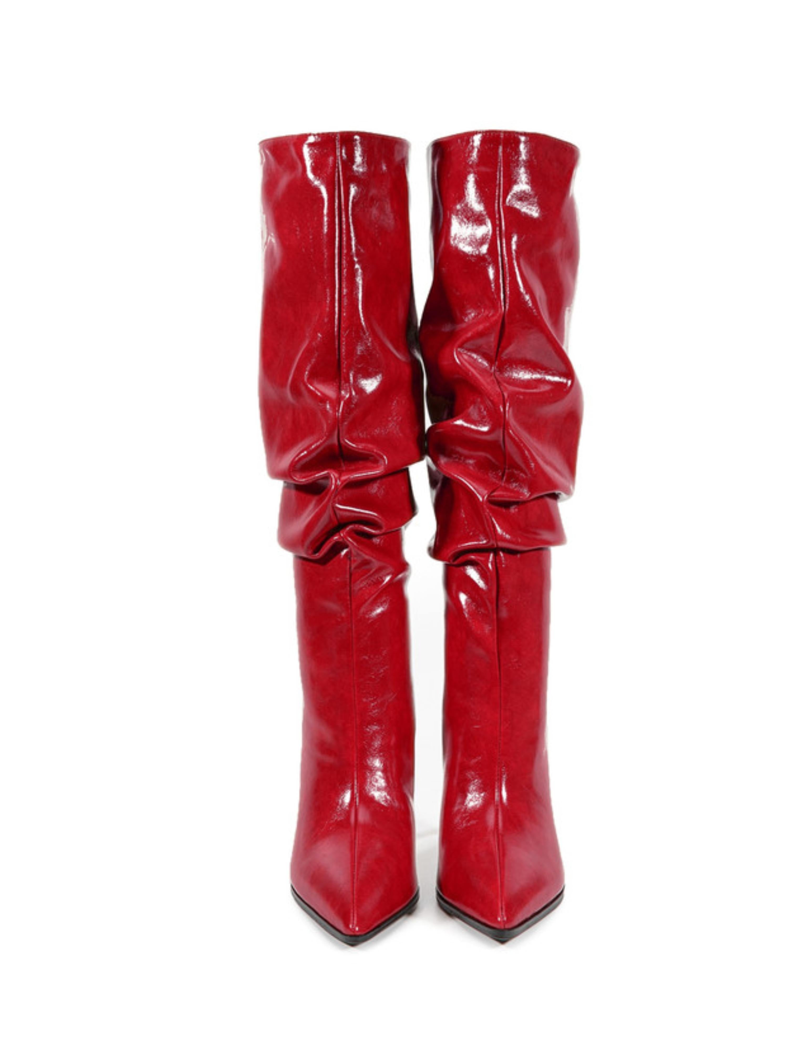 Glossy Red Slouchy High-Heel Knee-High Boots for Women