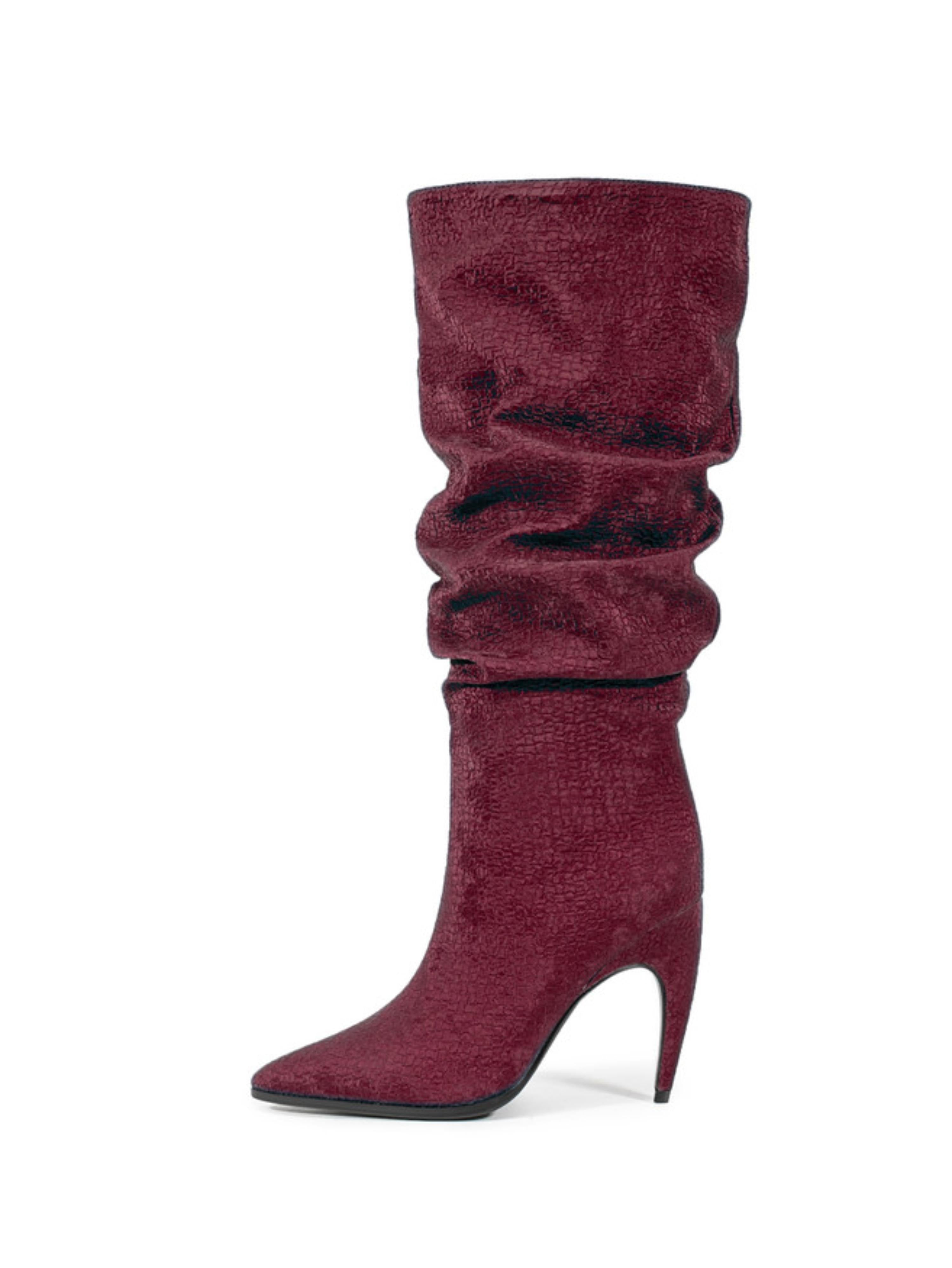Deep Burgundy Slouchy Knee-High Boots with Stilleto Heels