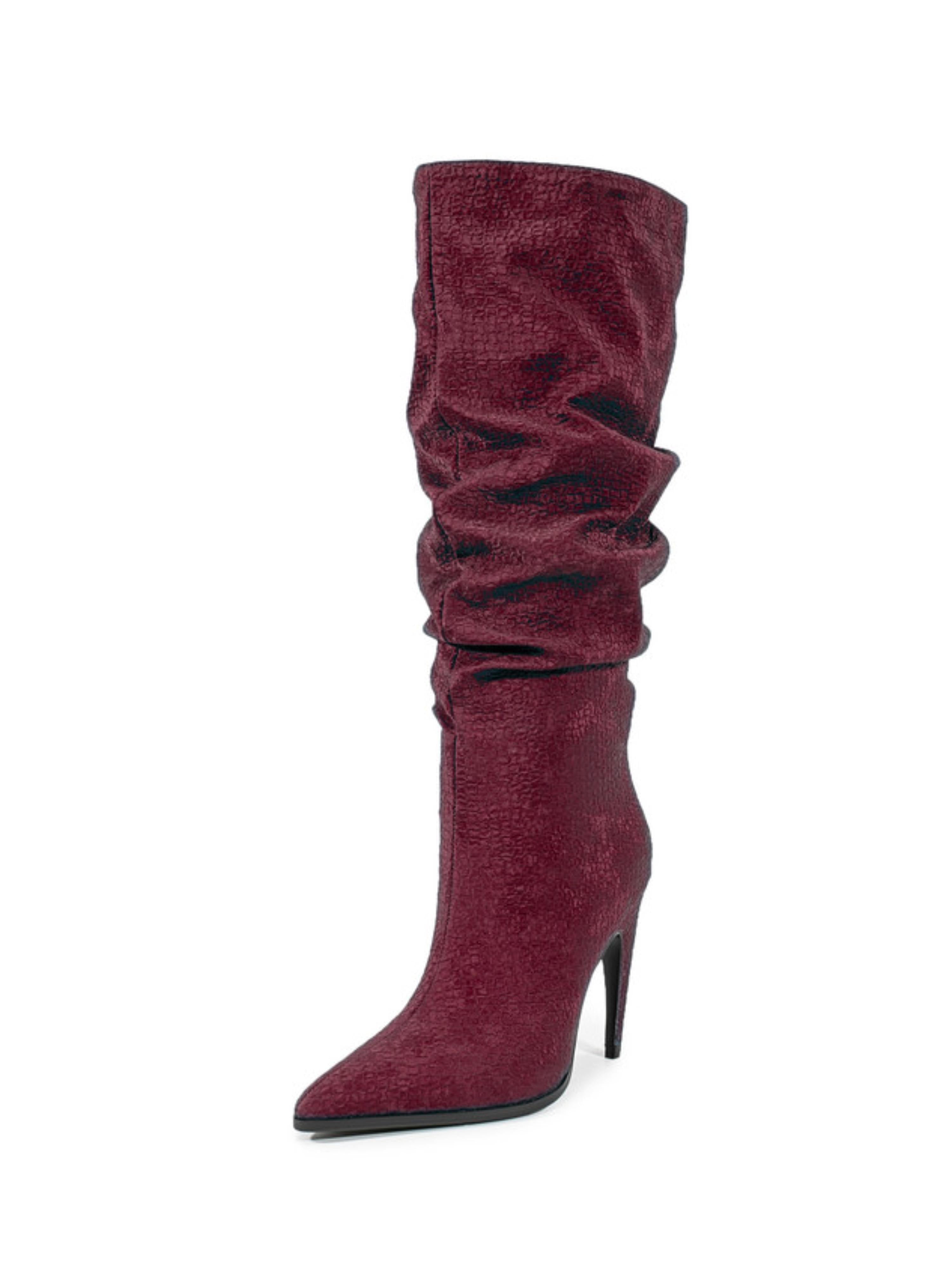 Deep Burgundy Slouchy Knee-High Boots with Stilleto Heels