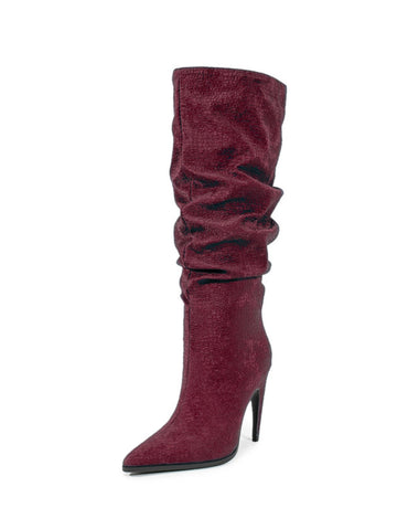 Deep Burgundy Slouchy Knee-High Boots with Stilleto Heels