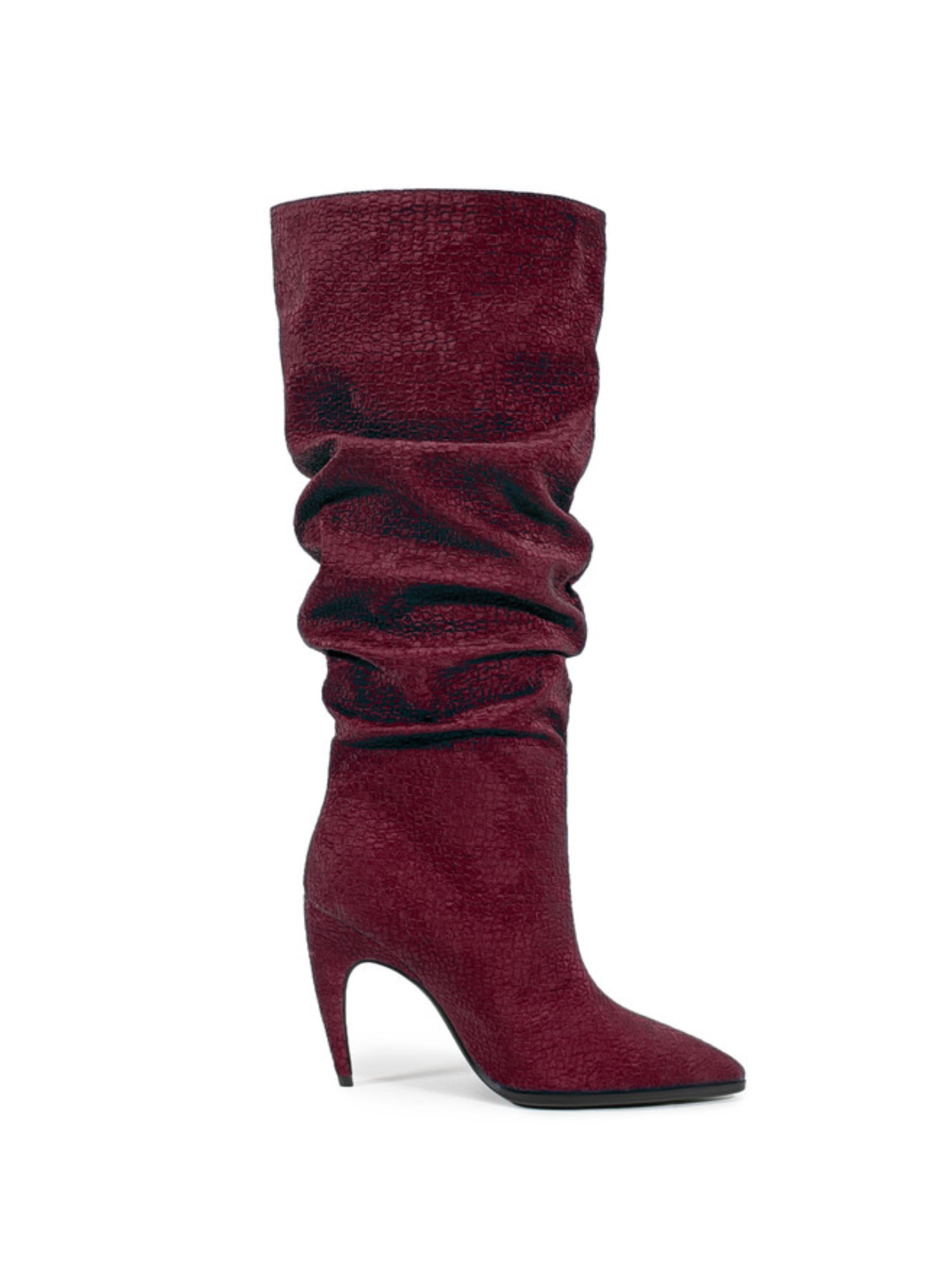 Deep Burgundy Slouchy Knee-High Boots with Stilleto Heels