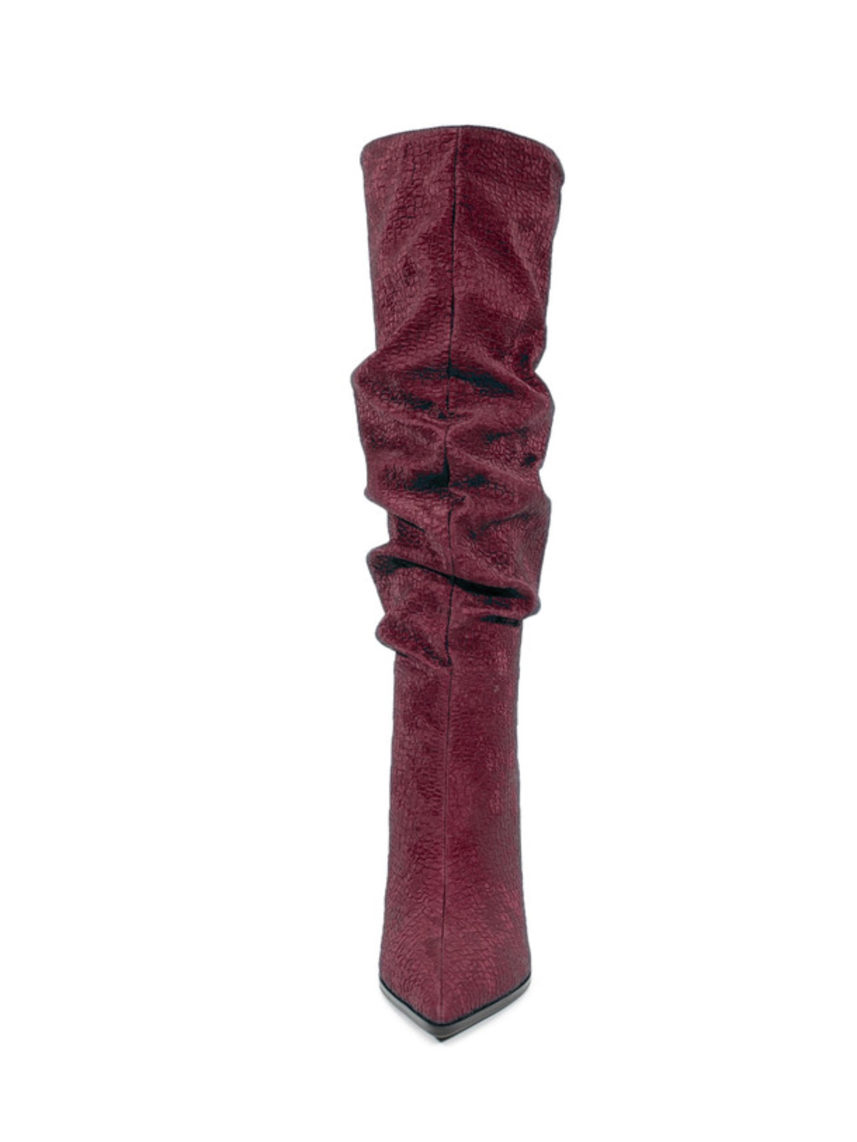 Deep Burgundy Slouchy Knee-High Boots with Stilleto Heels