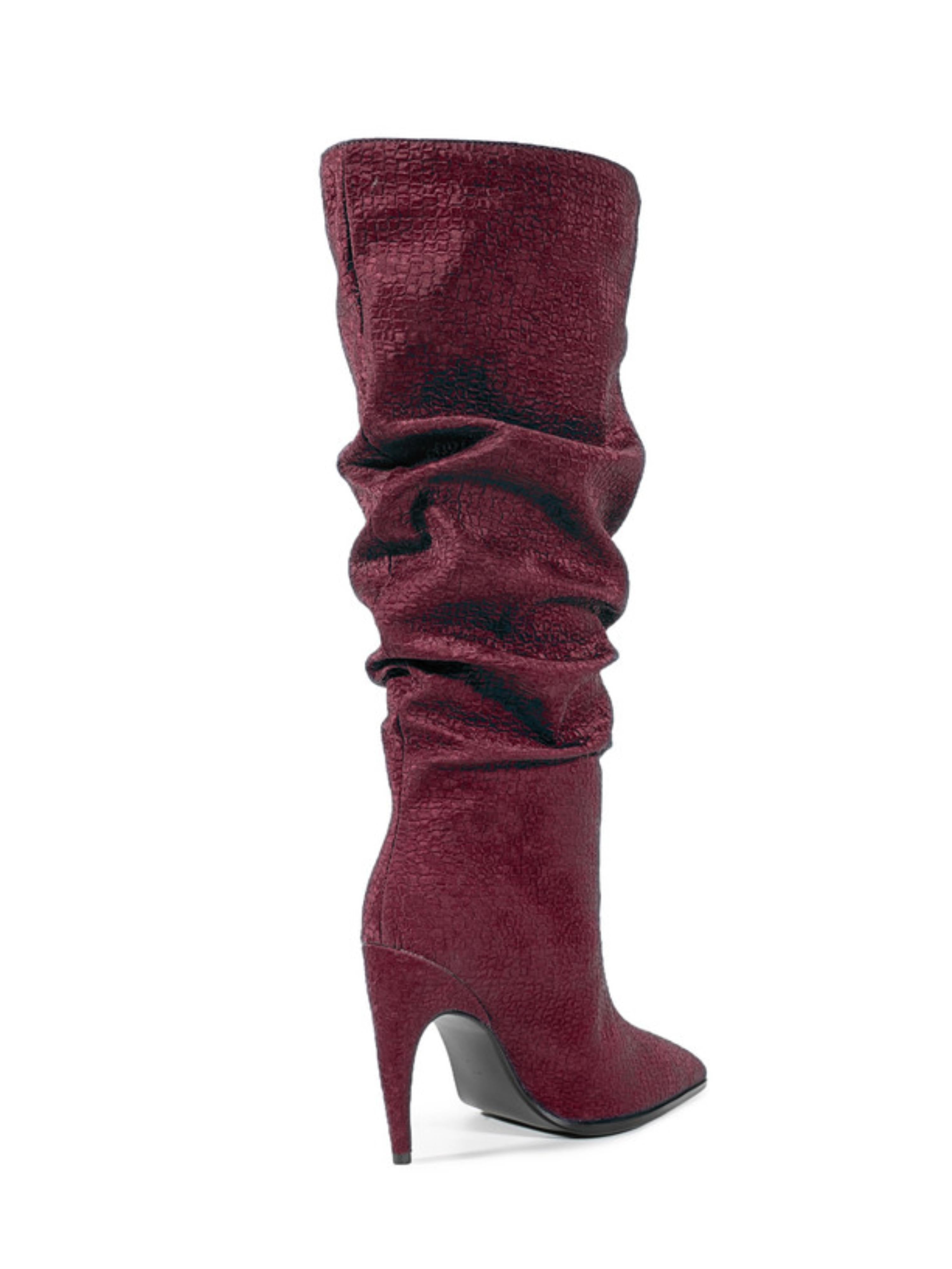 Deep Burgundy Slouchy Knee-High Boots with Stilleto Heels