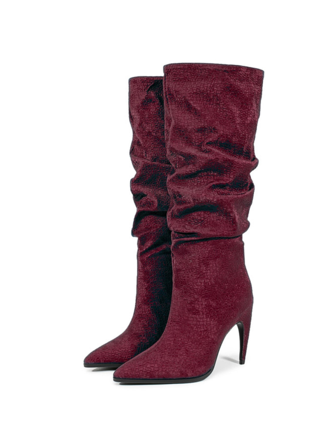 Deep Burgundy Slouchy Knee-High Boots with Stilleto Heels