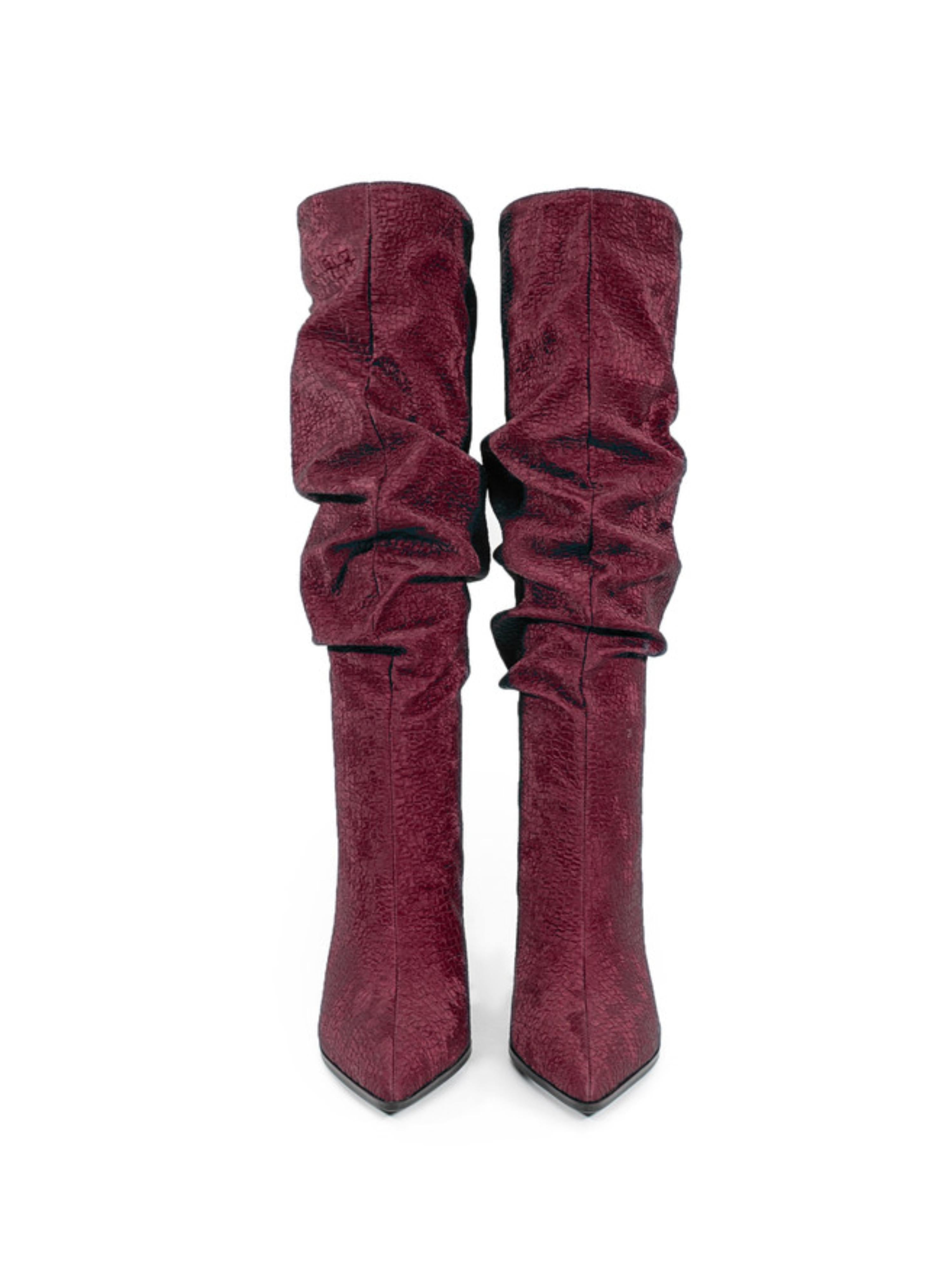 Deep Burgundy Slouchy Knee-High Boots with Stilleto Heels