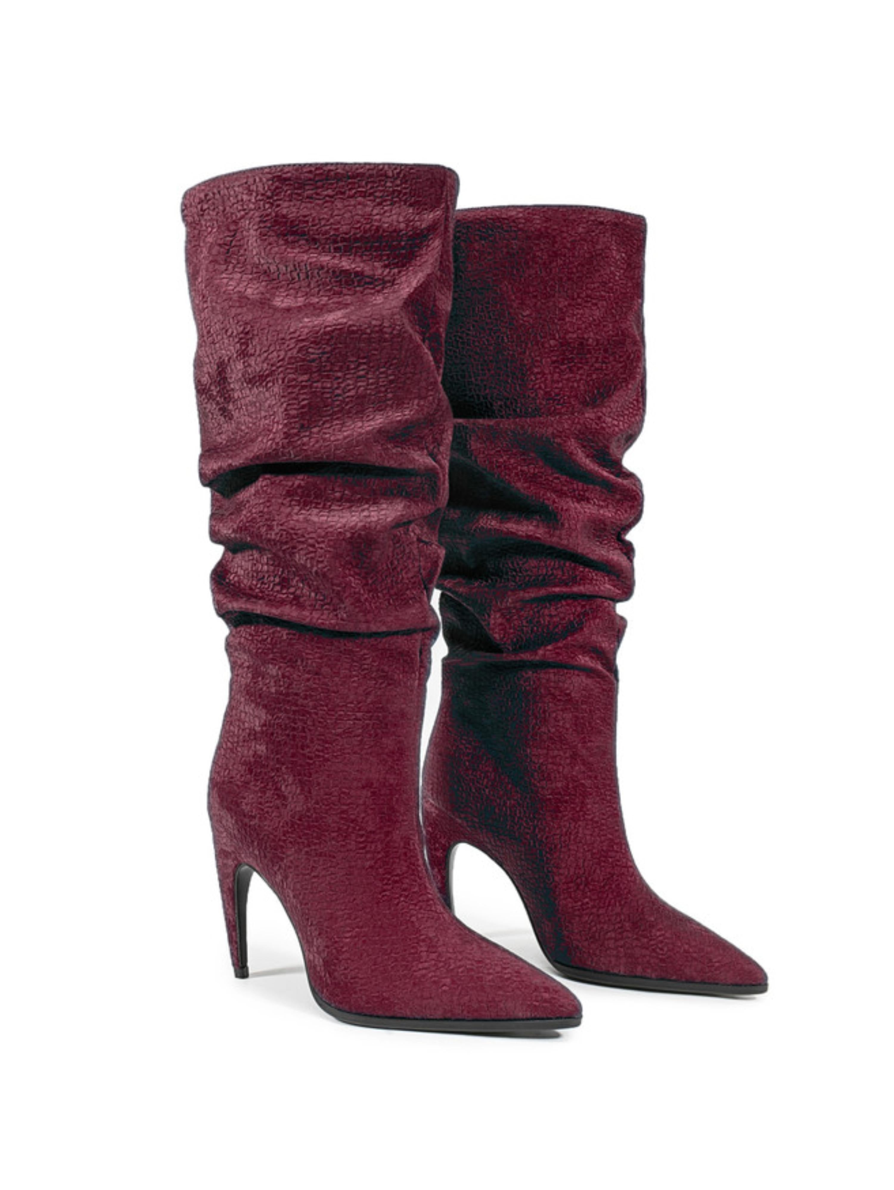 Deep Burgundy Slouchy Knee-High Boots with Stilleto Heels