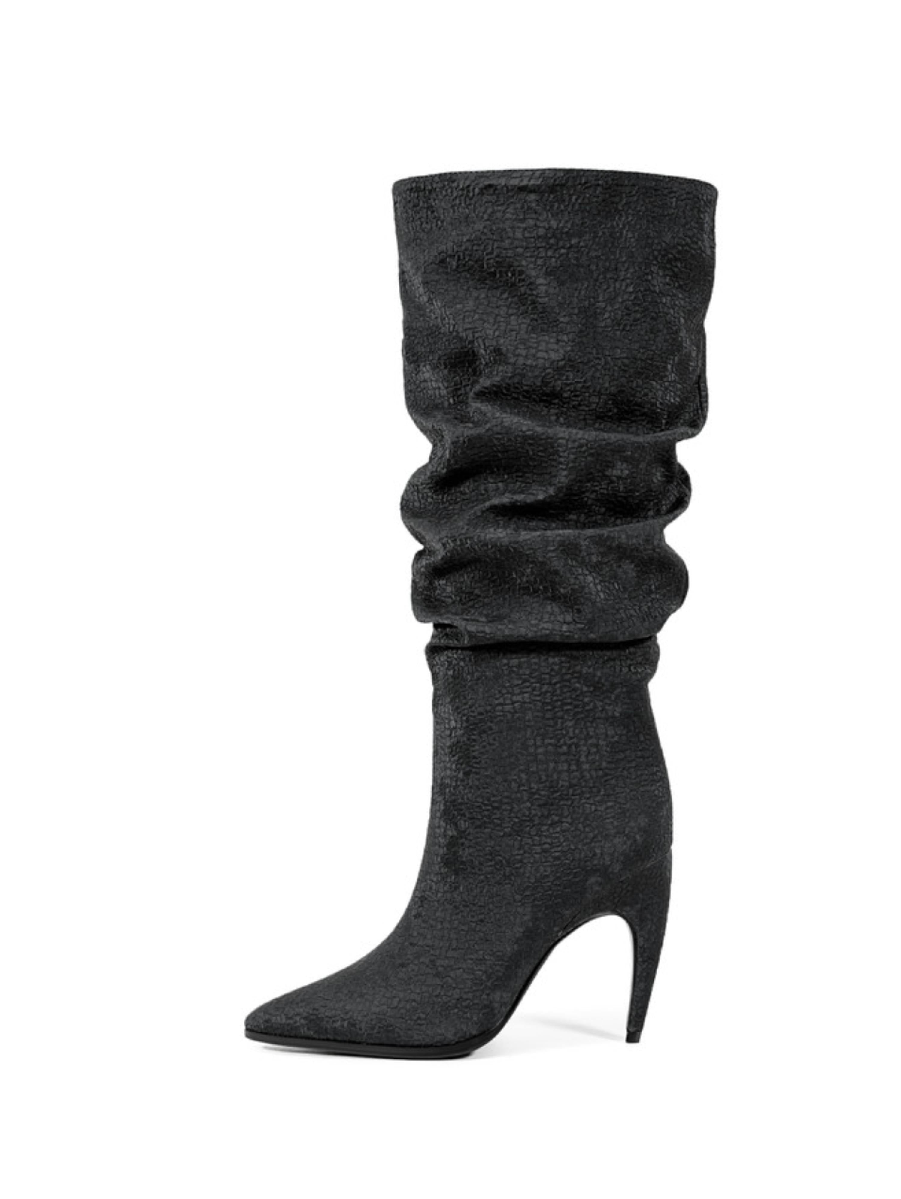 Black Slouchy High-Heel Knee-High Boots