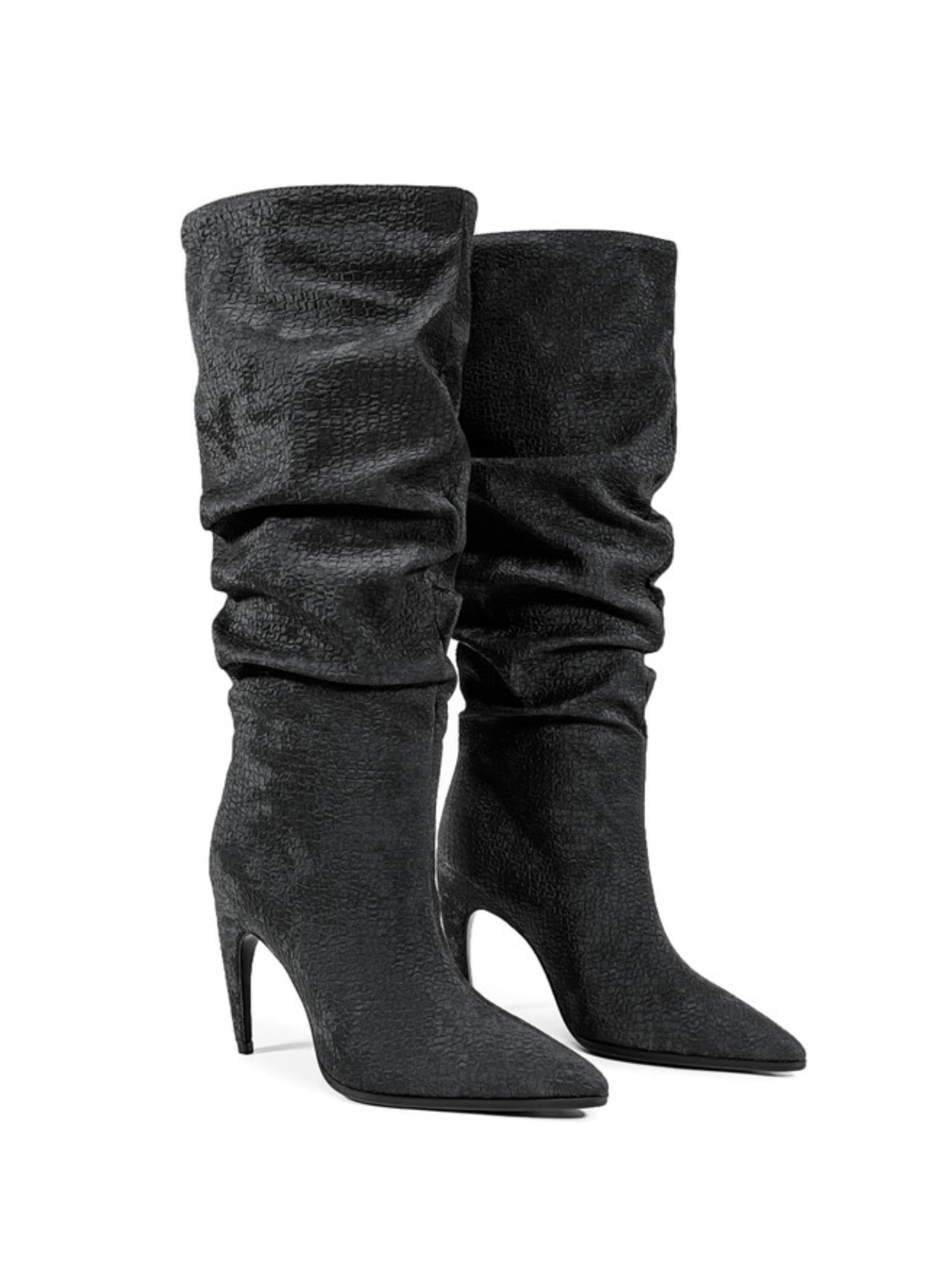 Black Slouchy High-Heel Knee-High Boots