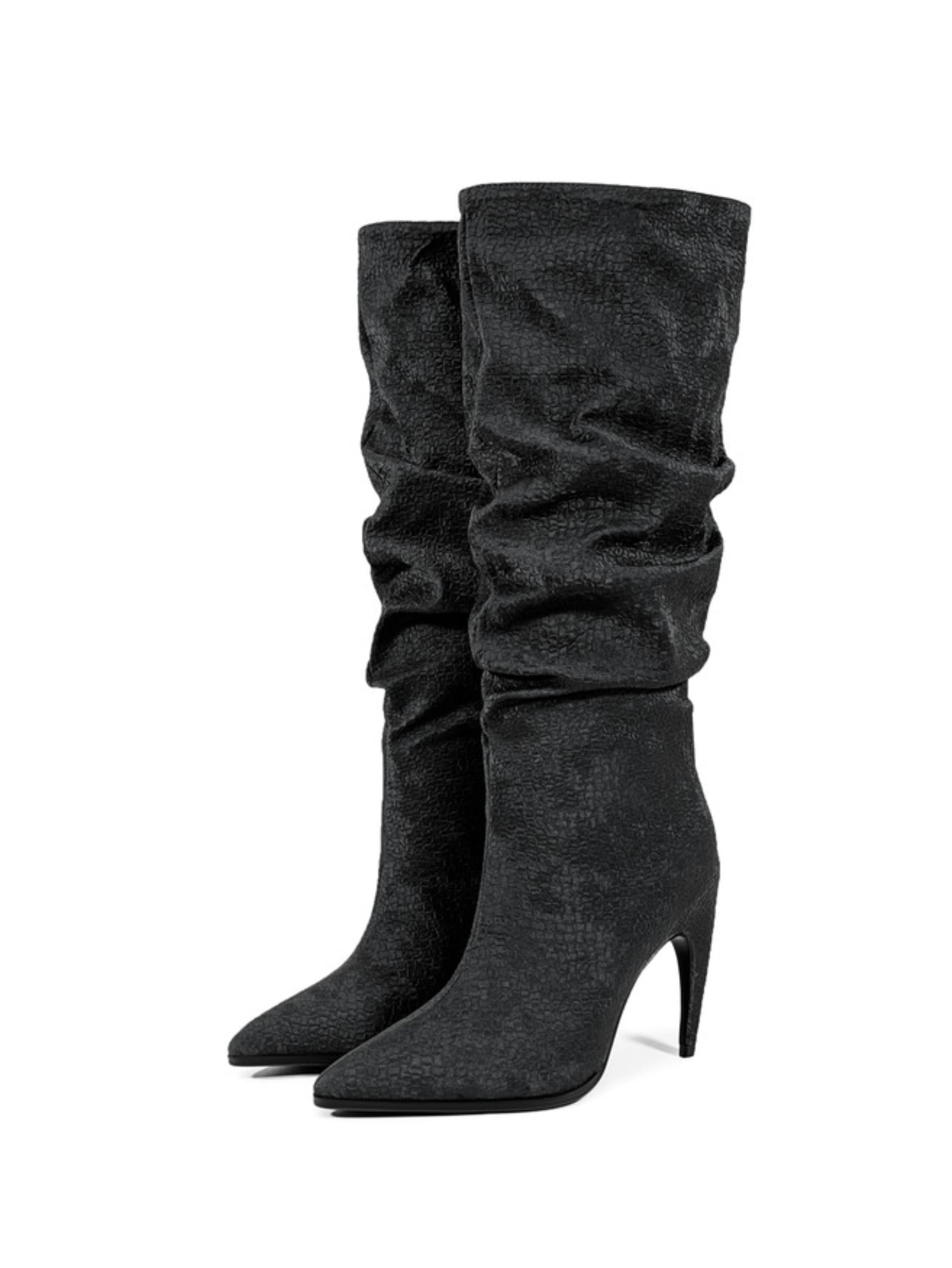 Black Slouchy High-Heel Knee-High Boots