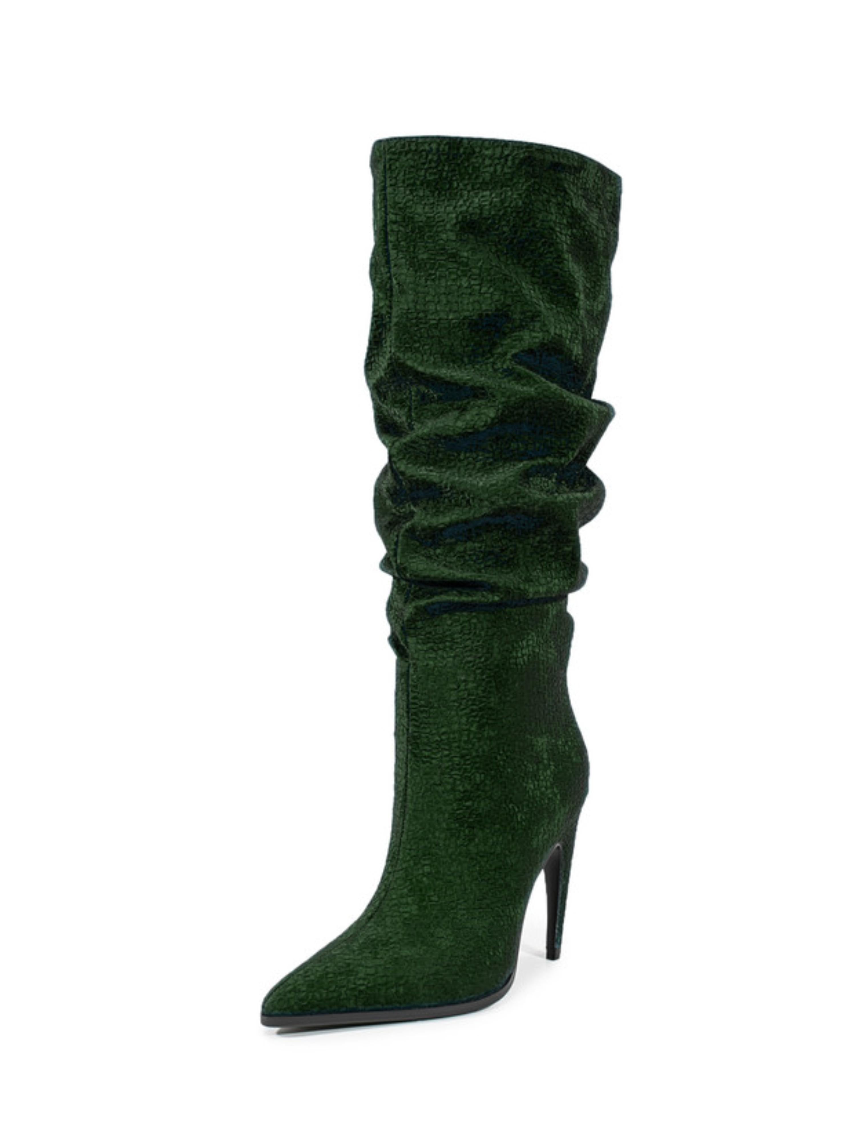 Dark Forest Green Slouchy Knee-High Boots with Stilleto Heels