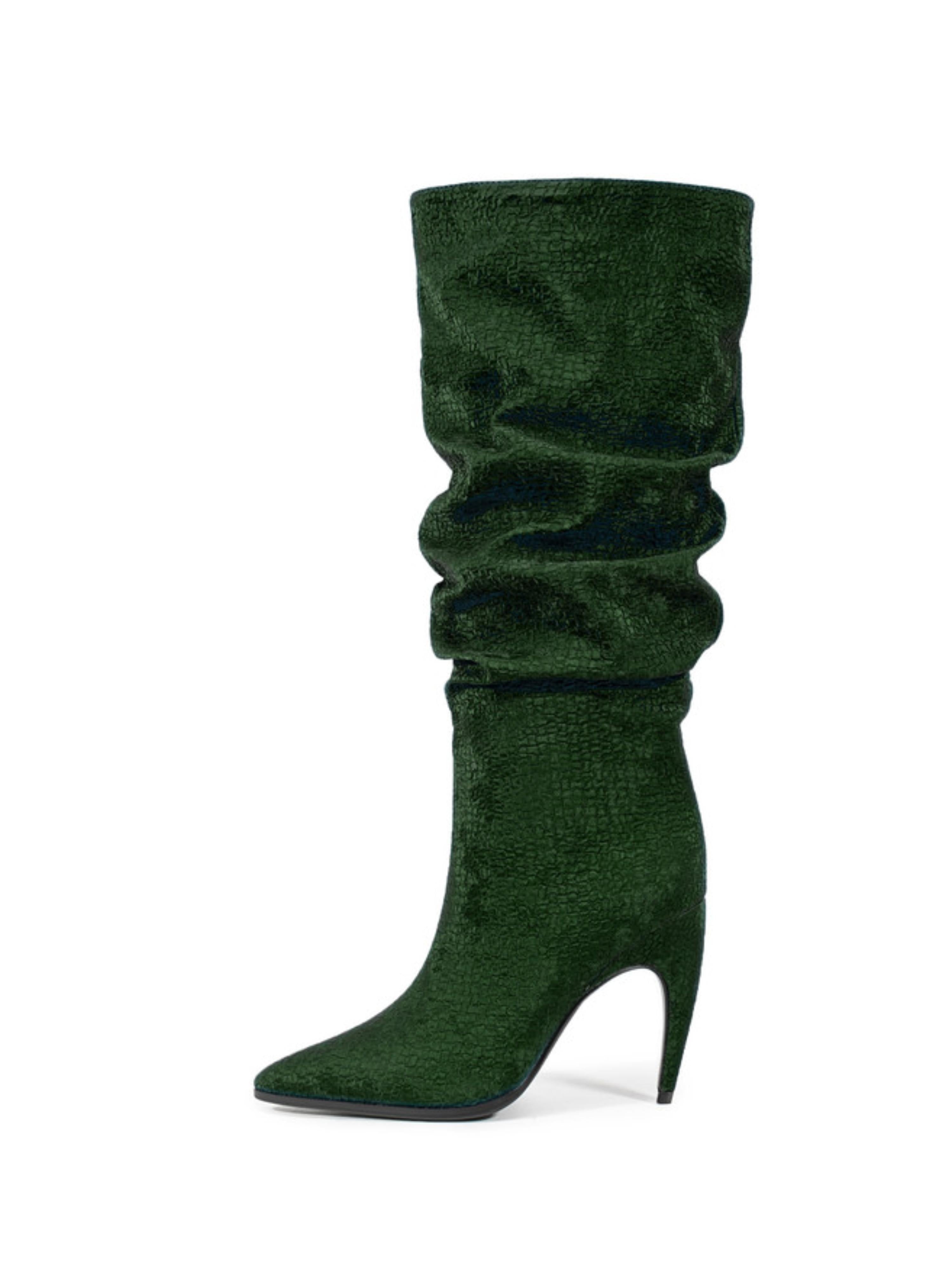 Dark Forest Green Slouchy Knee-High Boots with Stilleto Heels