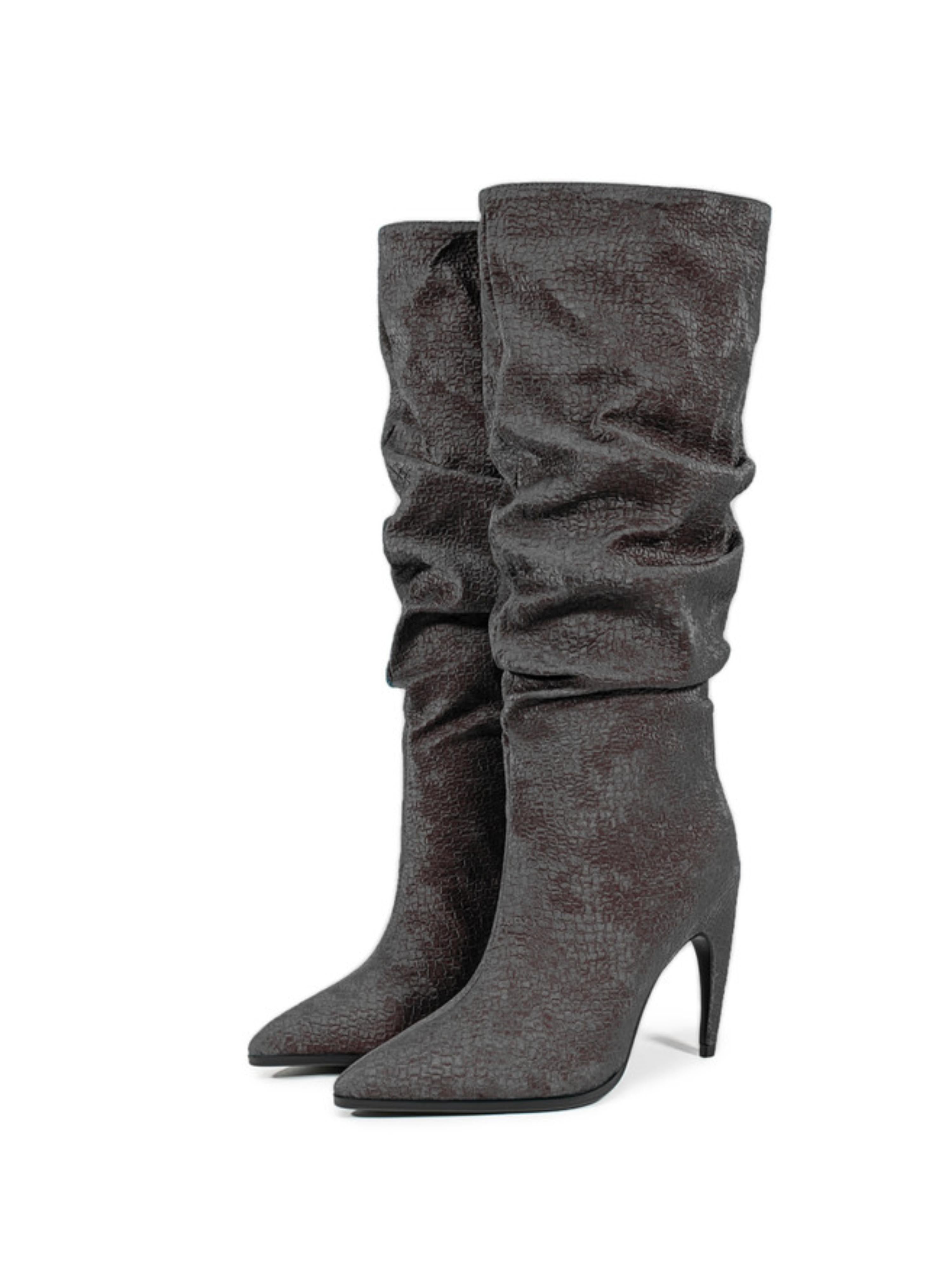 Charcoal Gray High-Heel Knee-High Slouch Boots