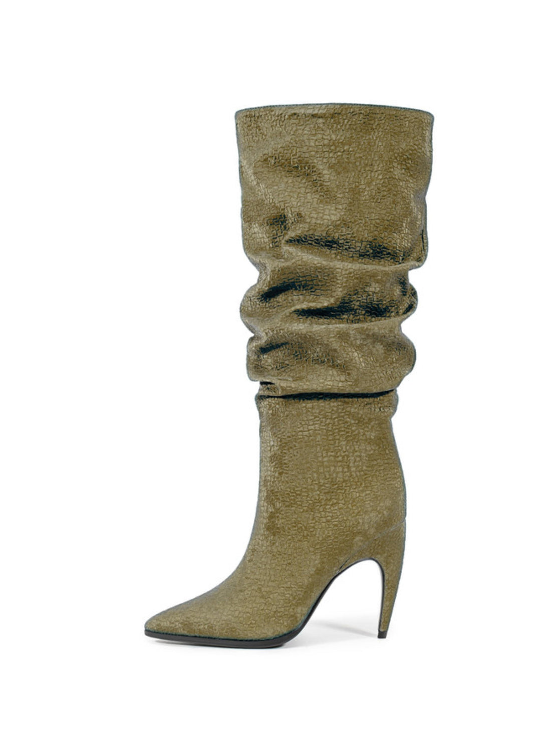 Olive Green Slouchy Knee-High Heeled Boots