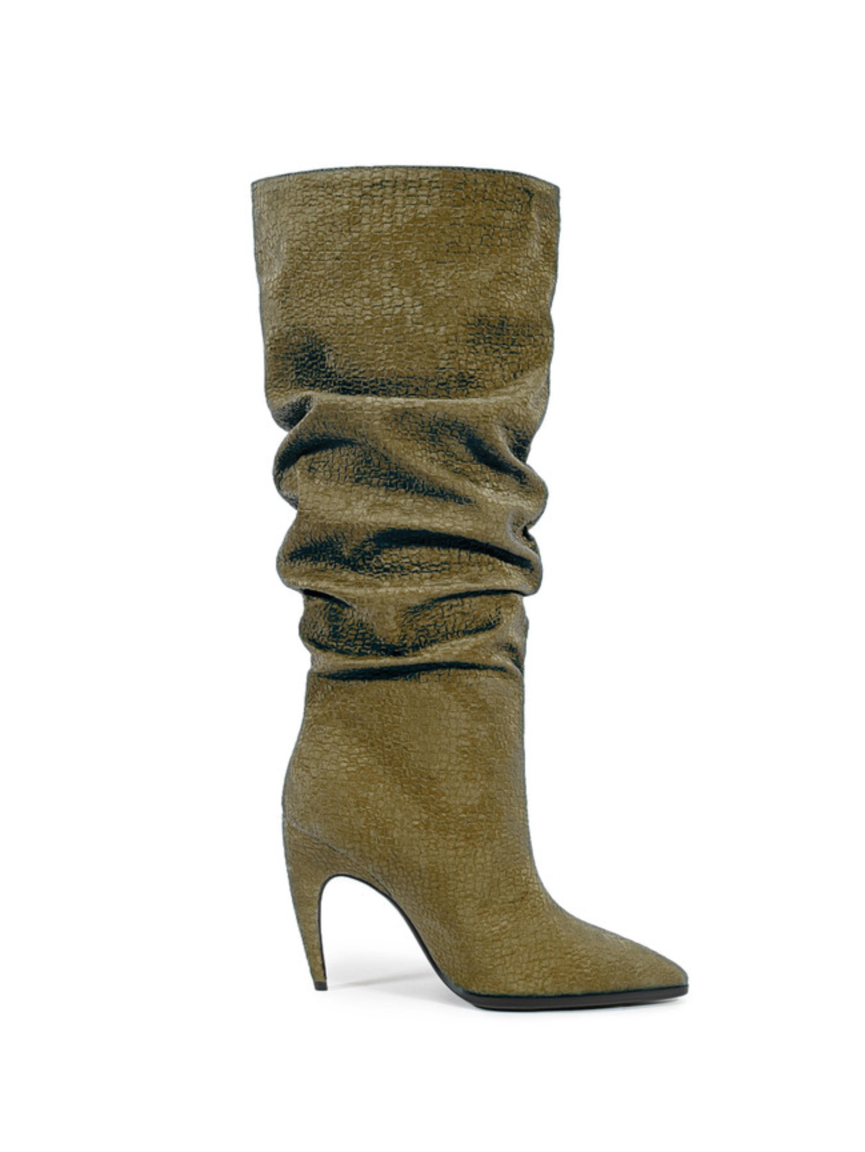 Olive Green Slouchy Knee-High Heeled Boots
