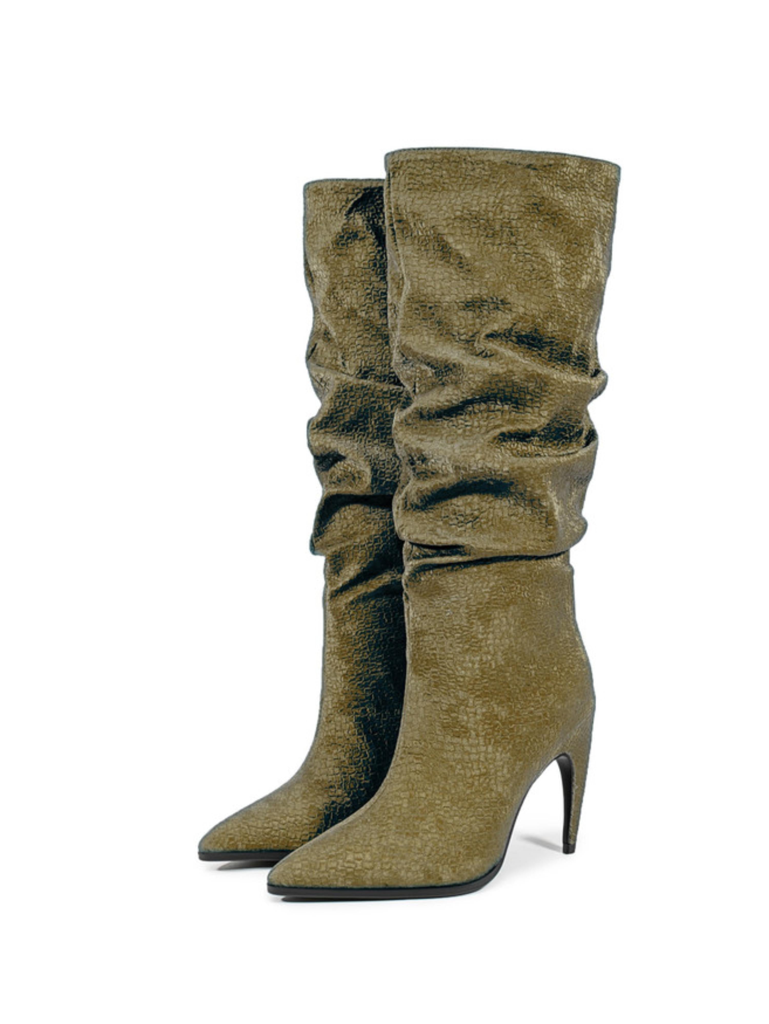 Olive Green Slouchy Knee-High Heeled Boots