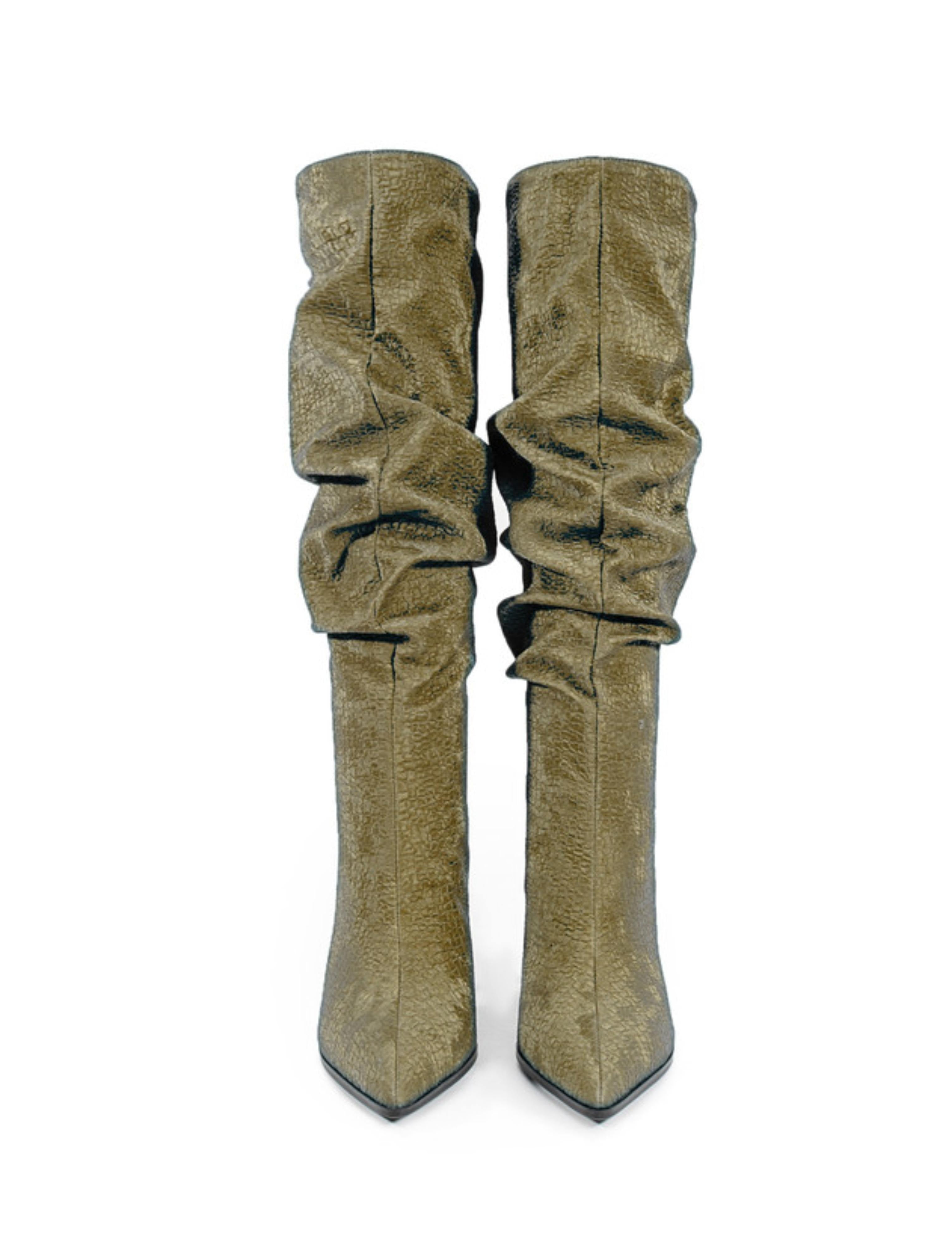 Olive Green Slouchy Knee-High Heeled Boots