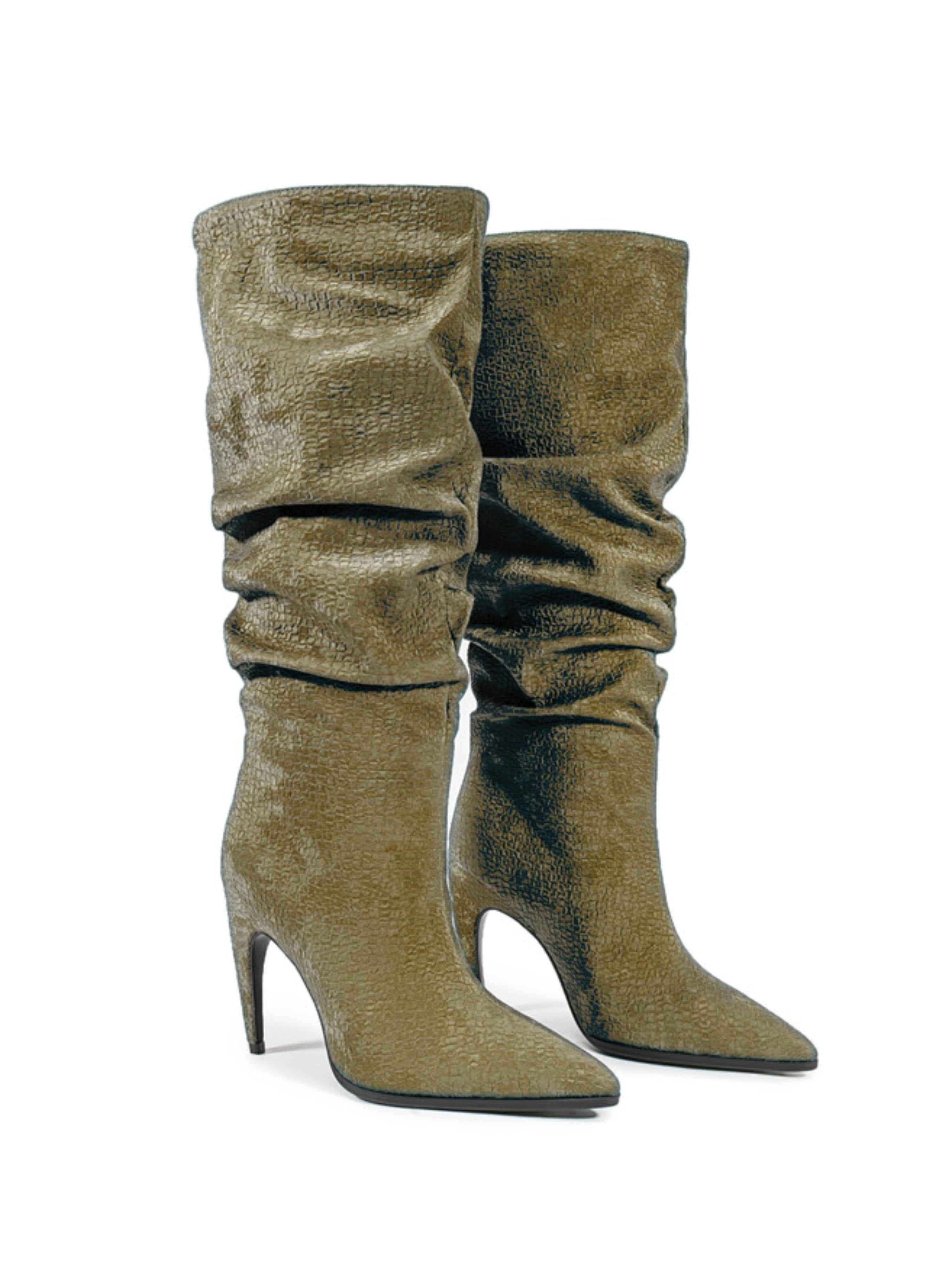 Olive Green Slouchy Knee-High Heeled Boots