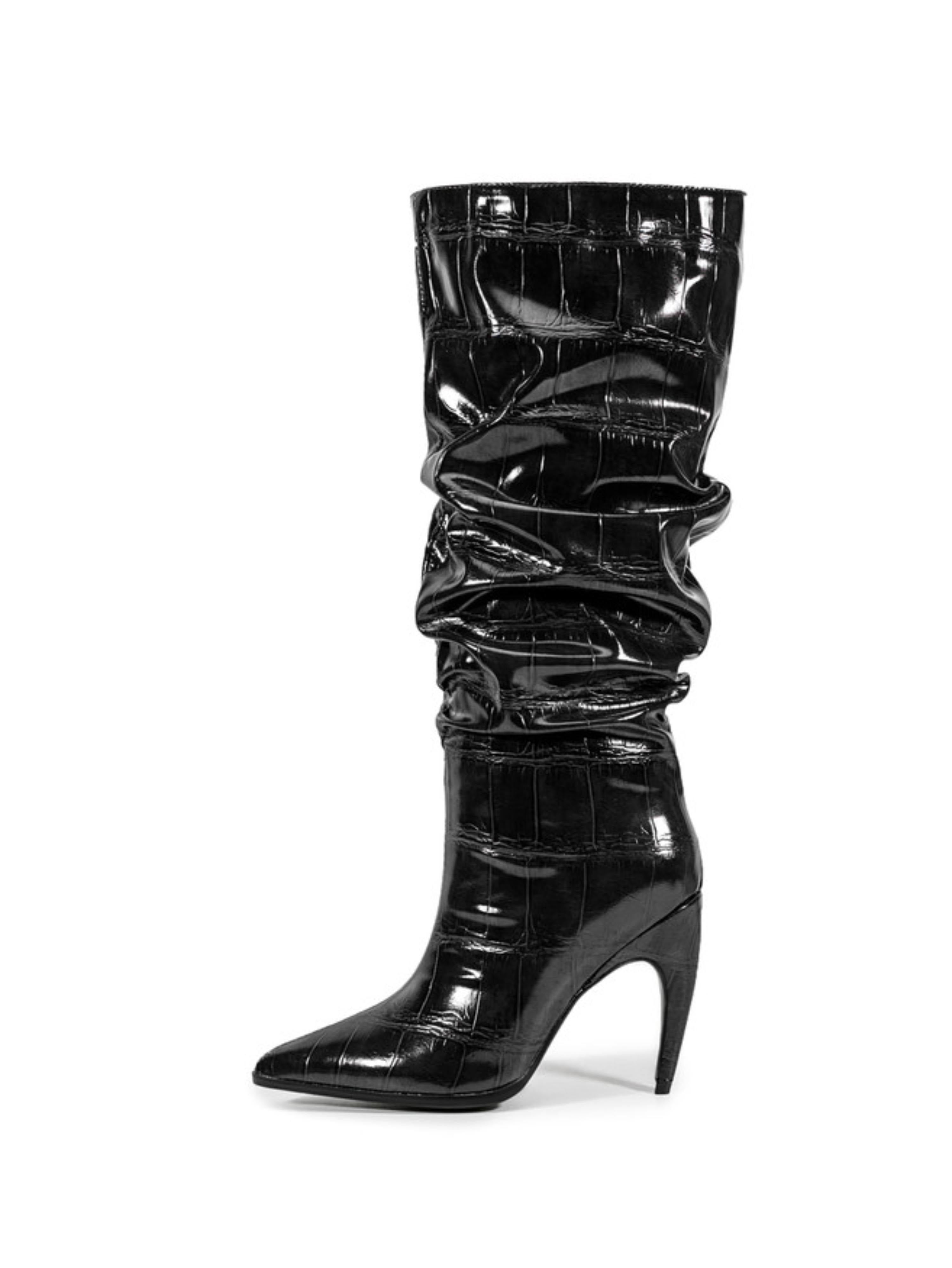 Black Croc-Embossed Slouch High-Heel Knee-High Boots