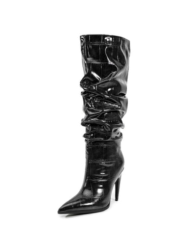 Black Croc-Embossed Slouch High-Heel Knee-High Boots