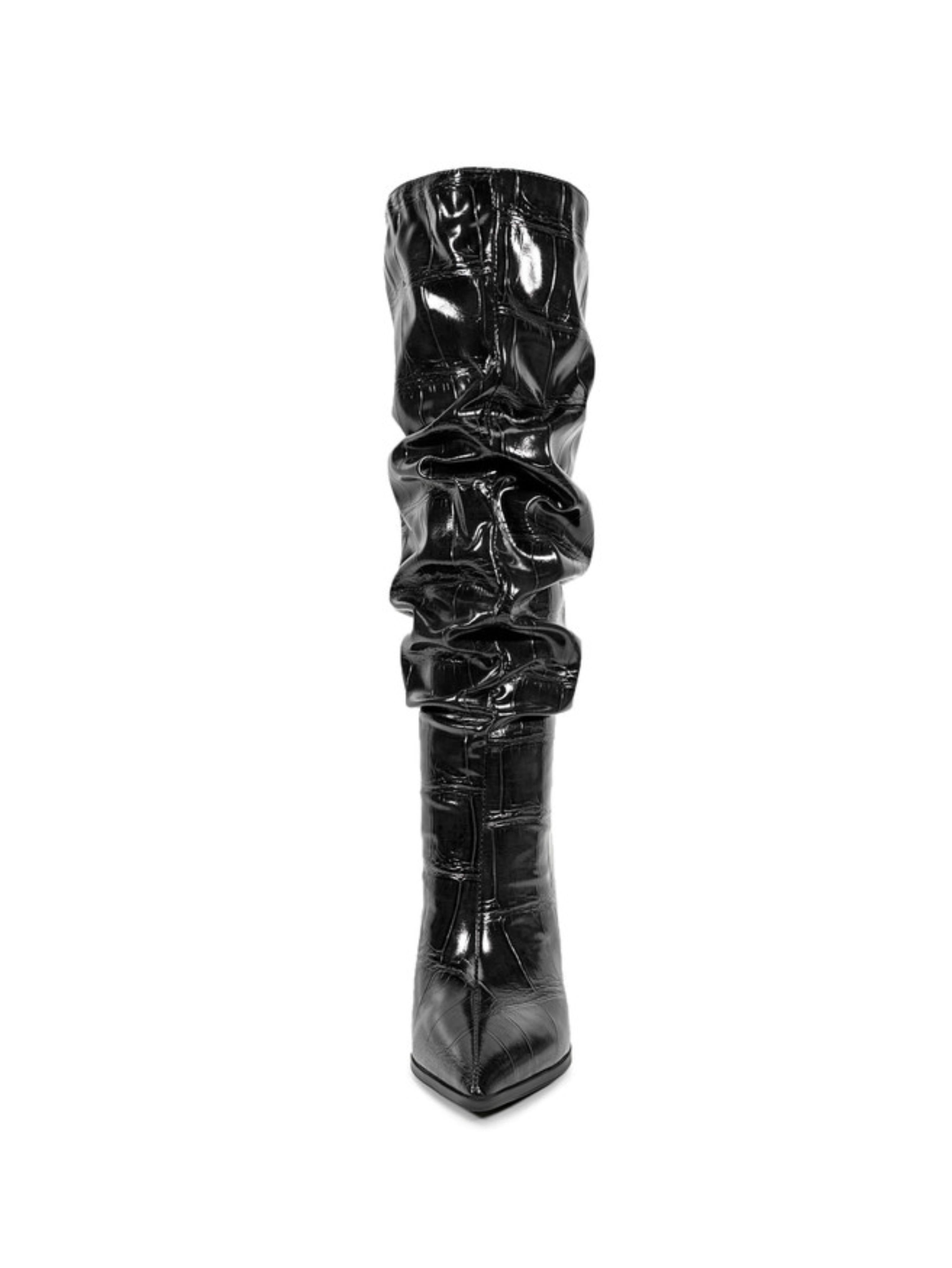 Black Croc-Embossed Slouch High-Heel Knee-High Boots