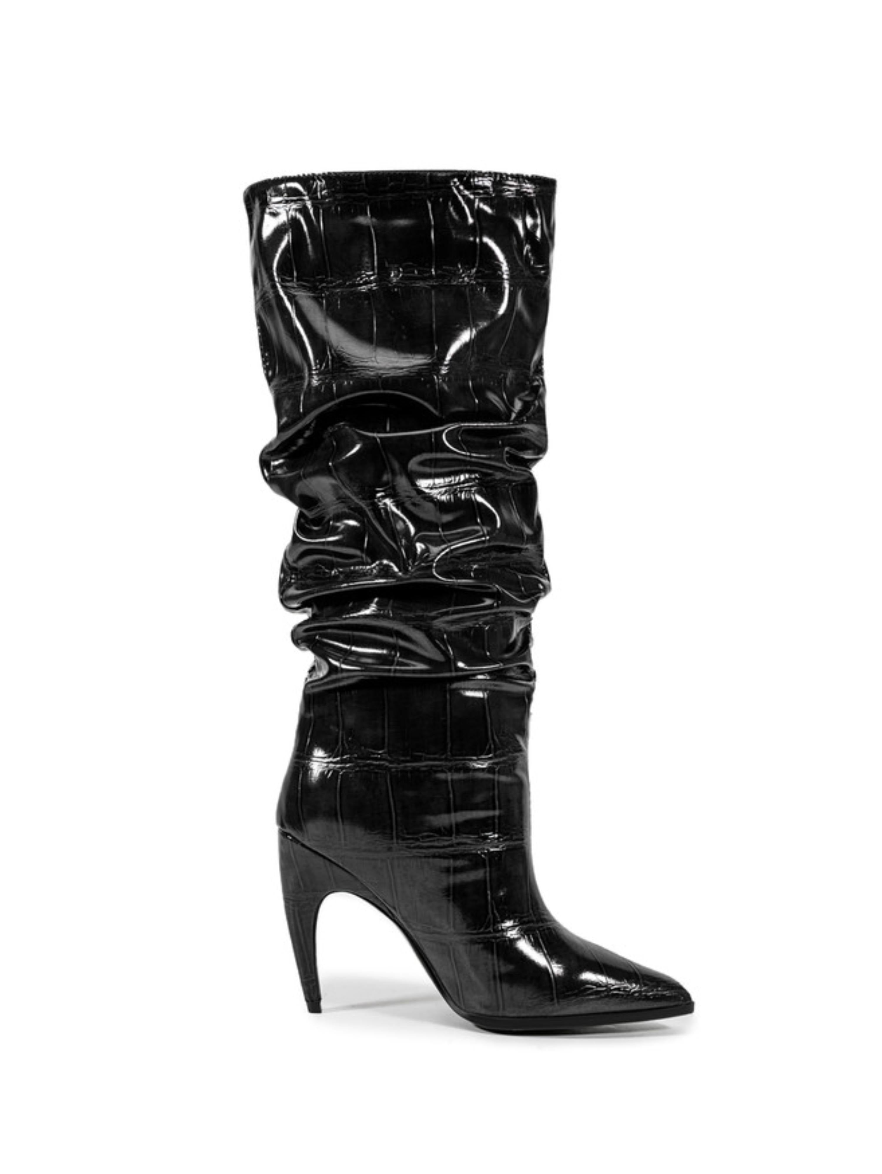 Black Croc-Embossed Slouch High-Heel Knee-High Boots