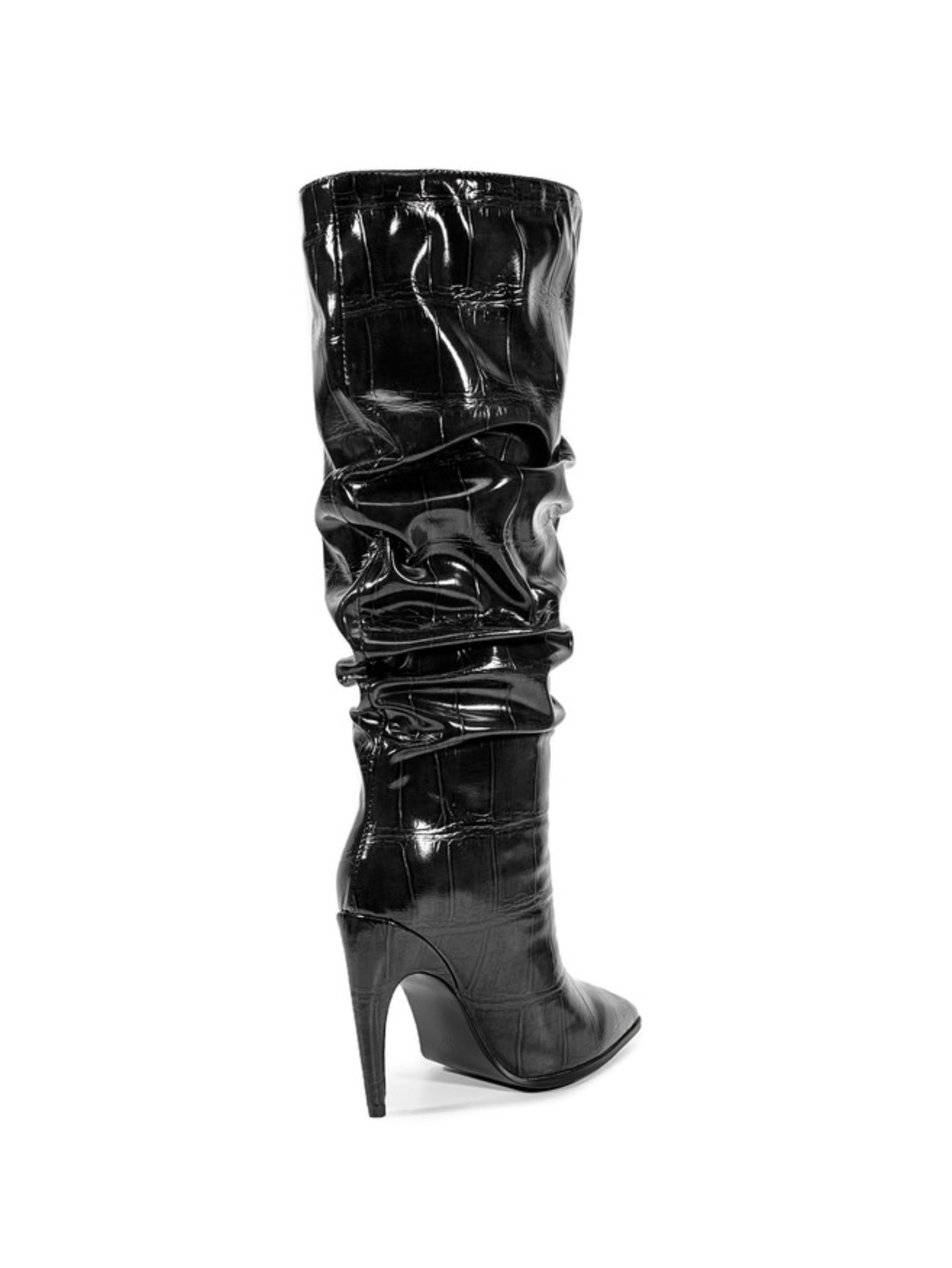 Black Croc-Embossed Slouch High-Heel Knee-High Boots