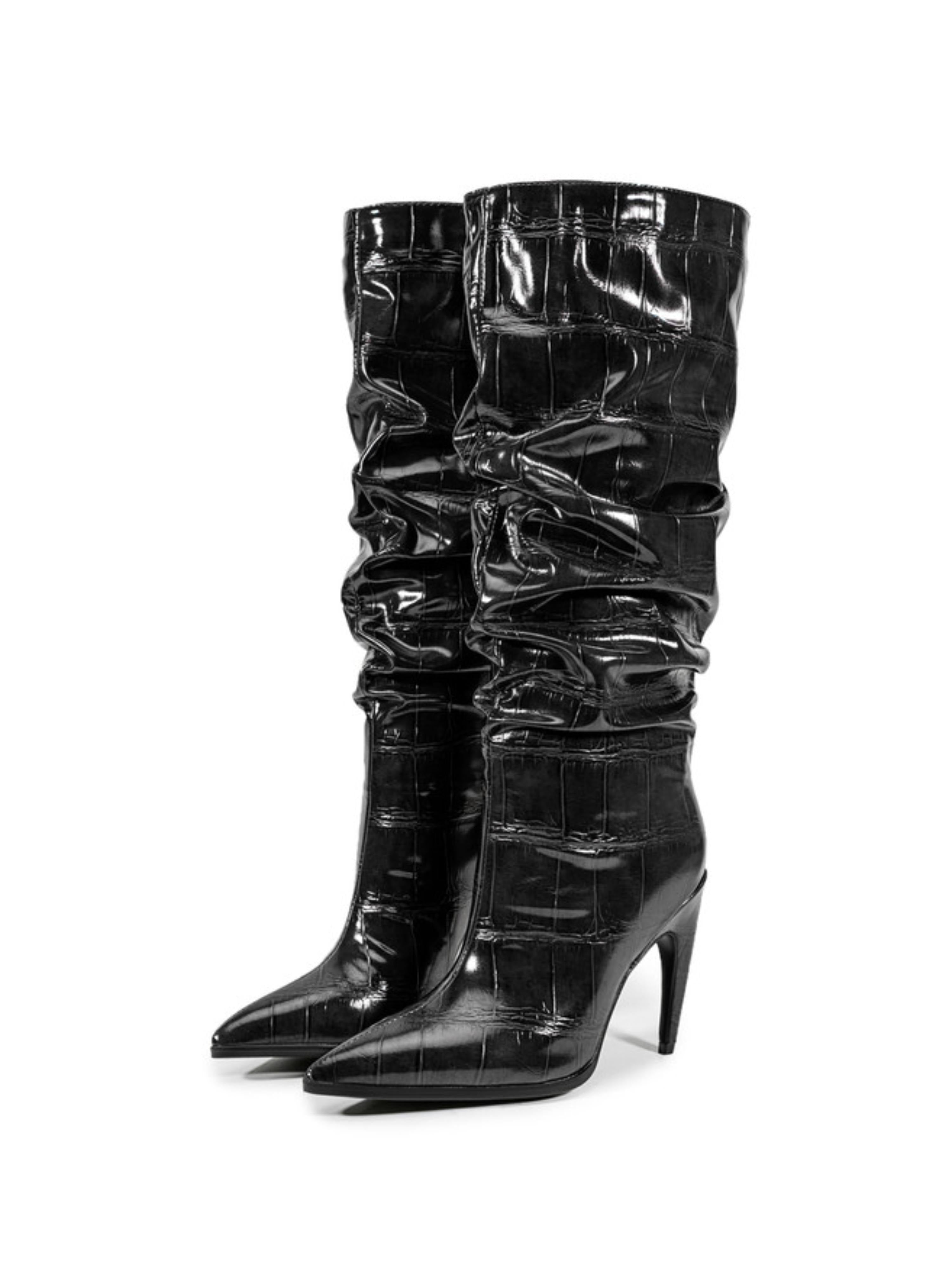 Black Croc-Embossed Slouch High-Heel Knee-High Boots