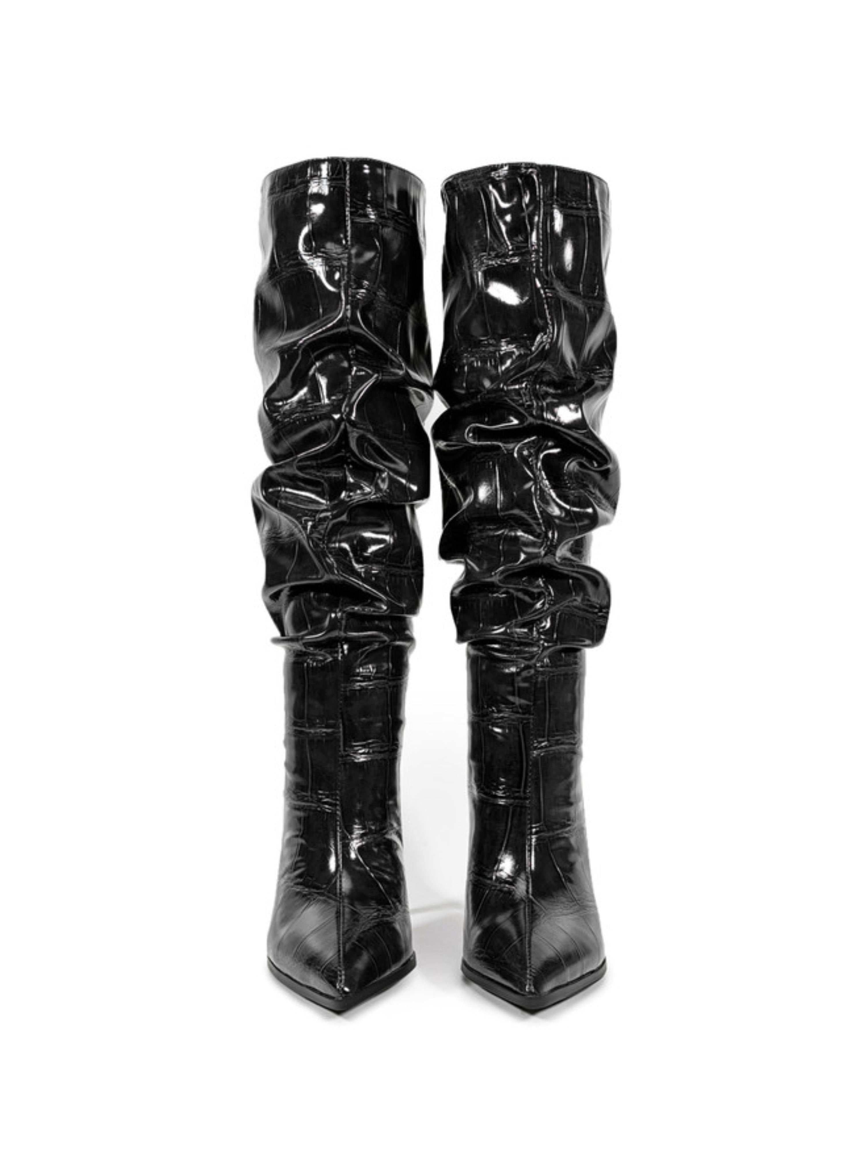 Black Croc-Embossed Slouch High-Heel Knee-High Boots