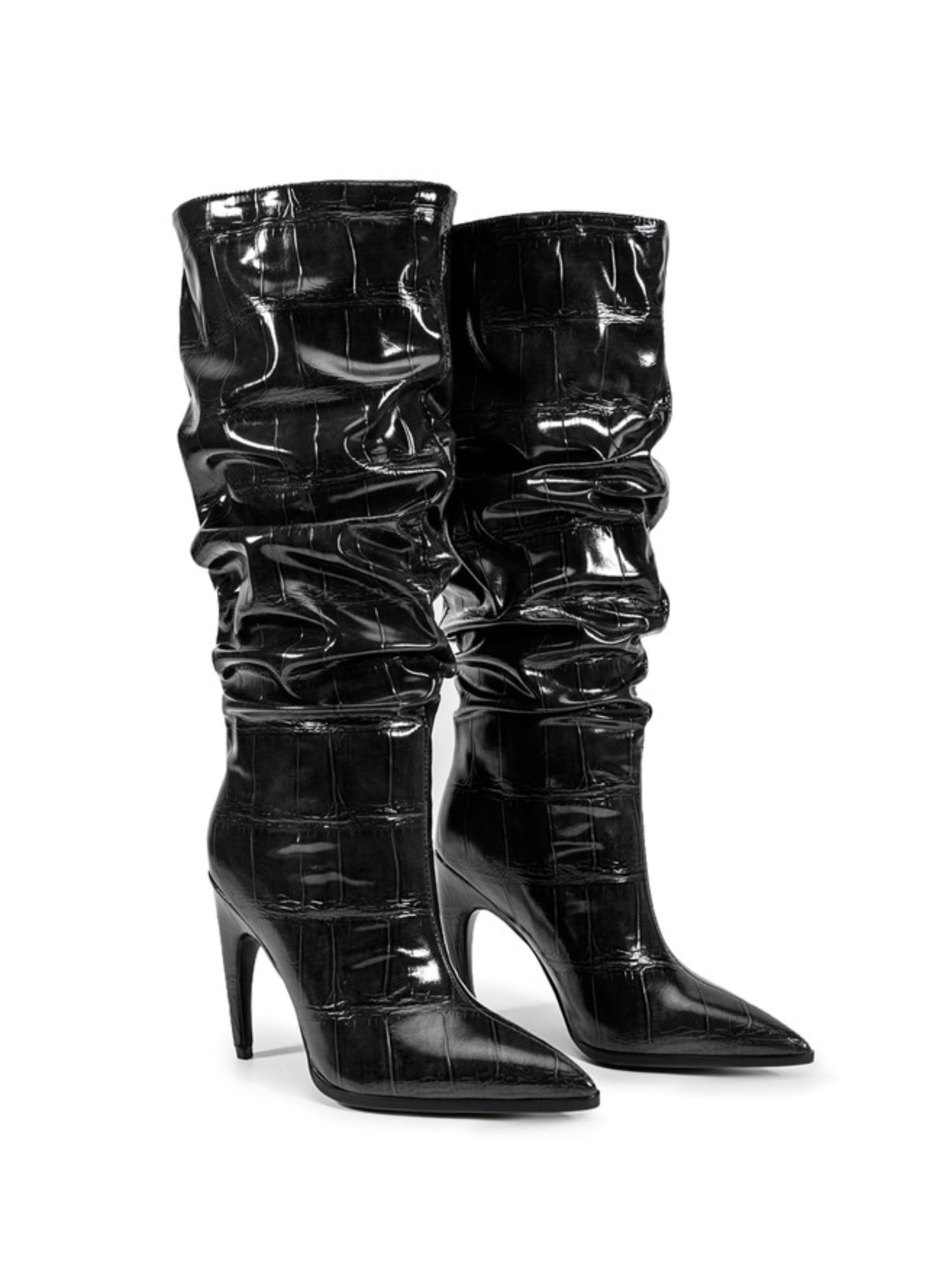 Black Croc-Embossed Slouch High-Heel Knee-High Boots