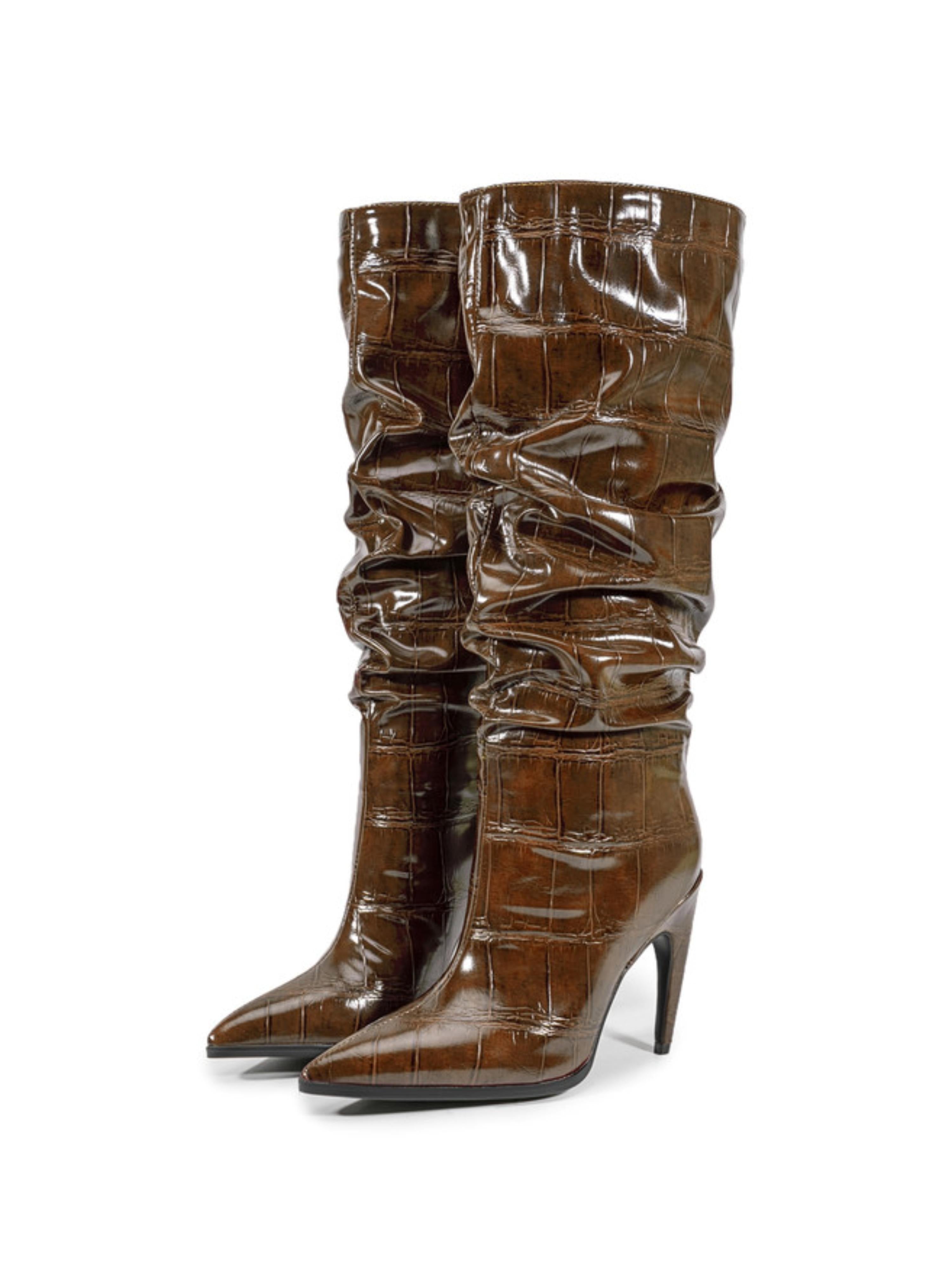 Chocolate Brown Croc-Embossed Slouch High Heel Long Boots